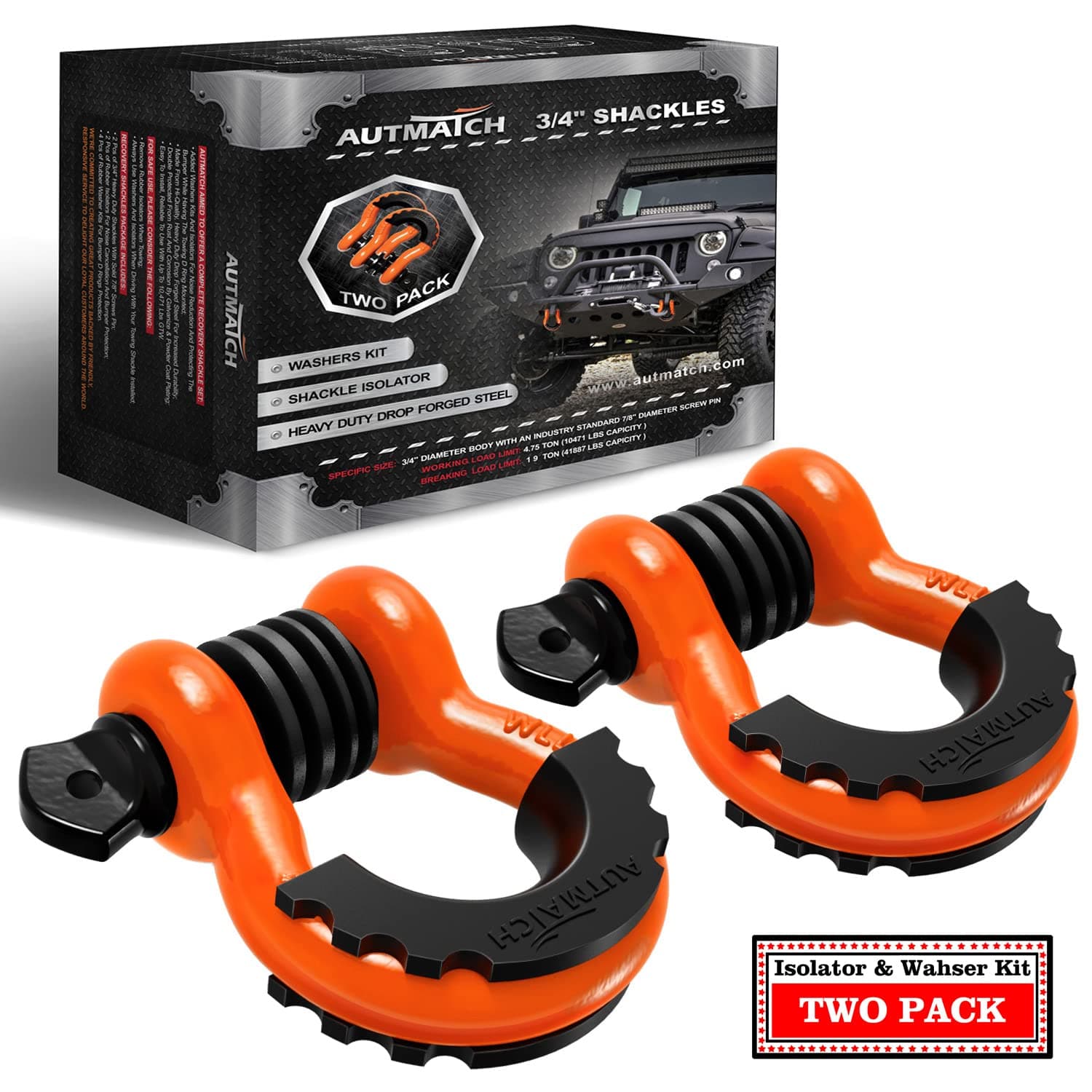 AUTMATCH D Ring Shackle 3/4" Shackles (2 Pack) 41,887Ibs Break Strength with 7/8" Screw Pin and Shackle Isolator Washers Kit for Tow Strap Winch Off Road Vehicle Recovery Orange & Black
