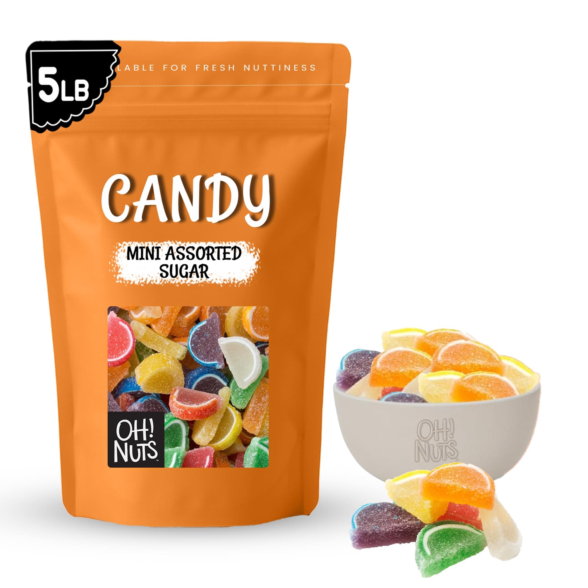 Oh! Nuts Jelly Fruit Slices Mini Assorted Sugar Candy - 5lb Bulk Bag - Traditional Old Fashioned Chewy Gummy Sweet Confectionery - Vegan, Gluten-Free, Kosher Certified Pareve (600 CT)