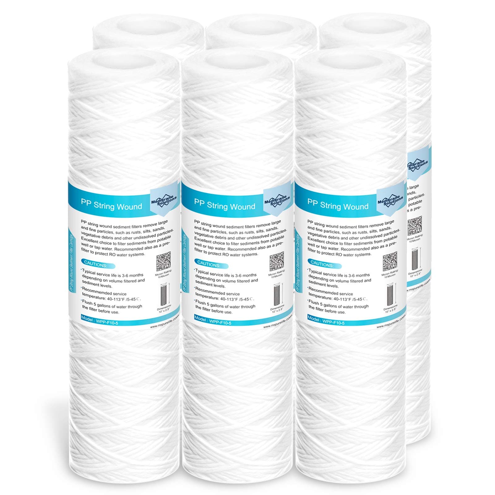 Membrane Solutions 10 Micron 10"x2.5" String Wound Whole House Water Filter Replacement Cartridge Universal Sediment Filters for Well Water - 6 Pack