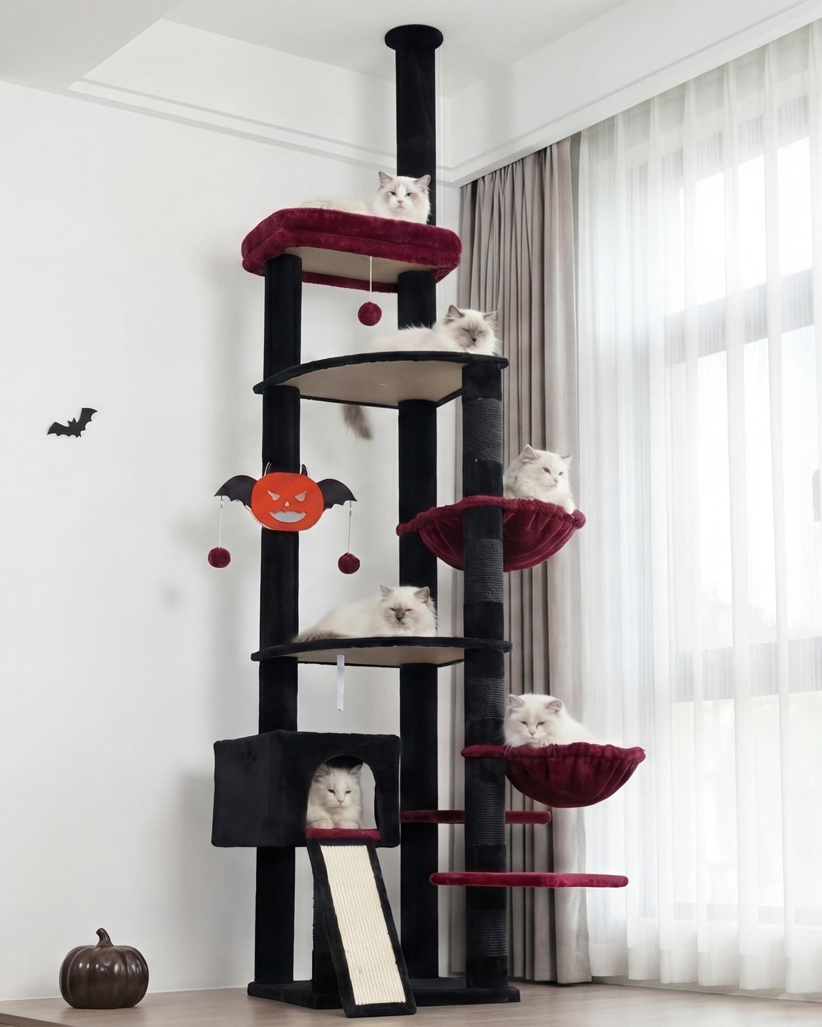 Heybly Floor to Ceiling Gothic Cat Tree 92.5-104 Inches with Hammock,Cat Condo,Tall Cat Climbing Tower Adjustable with Scratching Posts for Indoor Cats Black Red HCT091BR