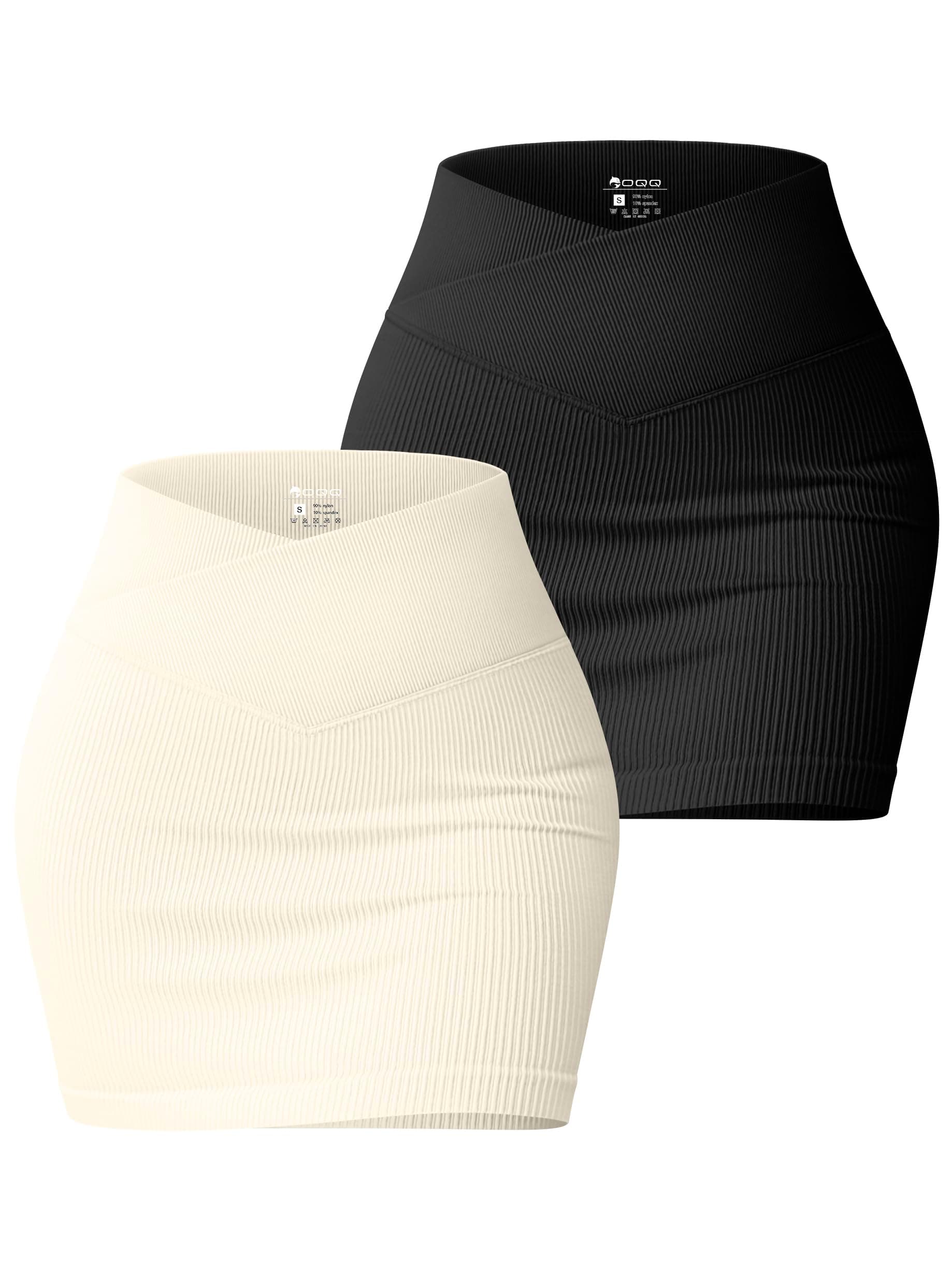 OQQ Women's 2 Piece Basic Casual Versatile Stretchy High Waist Cross Over Ribbed Mini Skirt, Black,beige, Small