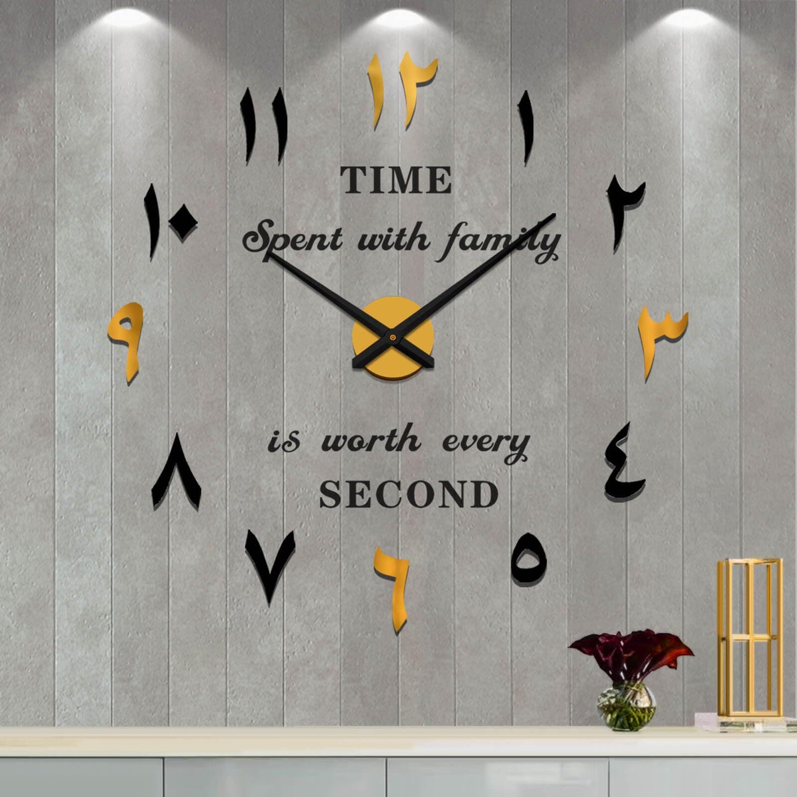 VANGOLD Wall Clock Eastern Arabic Numerals Wall Clock for Living Room Decor, Decorative Wall Clocks Battery Operated (Gold Home Decoration)