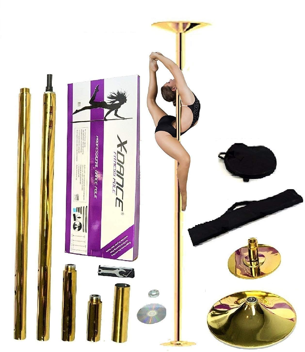 X-Dance Pole 45mm Gold Professional Exotic Removable 9 FT Pole Dance Exercise Fitness with 2 Carrying Black Bags