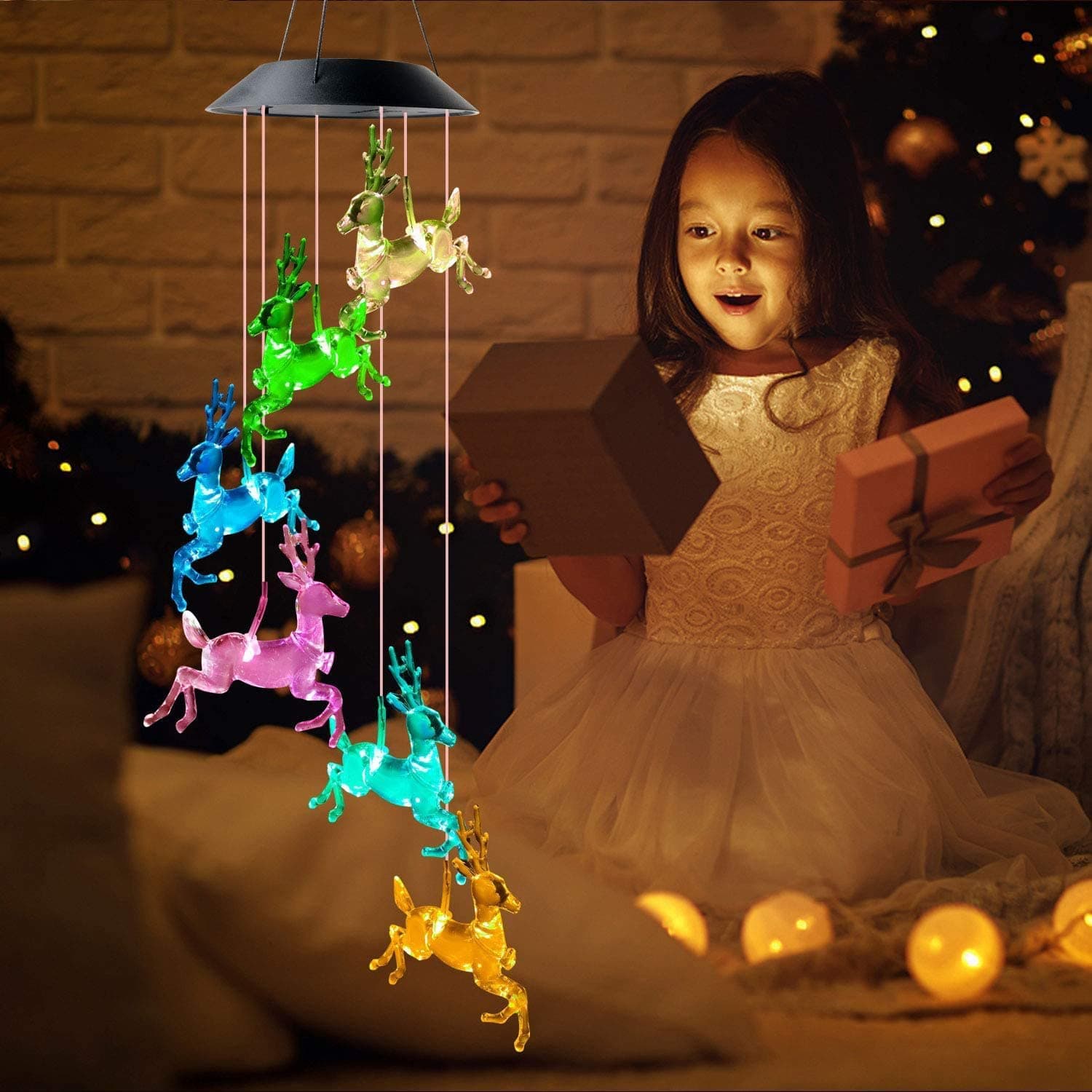 Wanmingtek Amazing Wind Chime,Color Changing Deer Solar Wind Mobile Chimes Lights Hanging Wind Bell Light Night Hanging lamp for Patio Garden Lighting Home Decoration with Spinning Hook