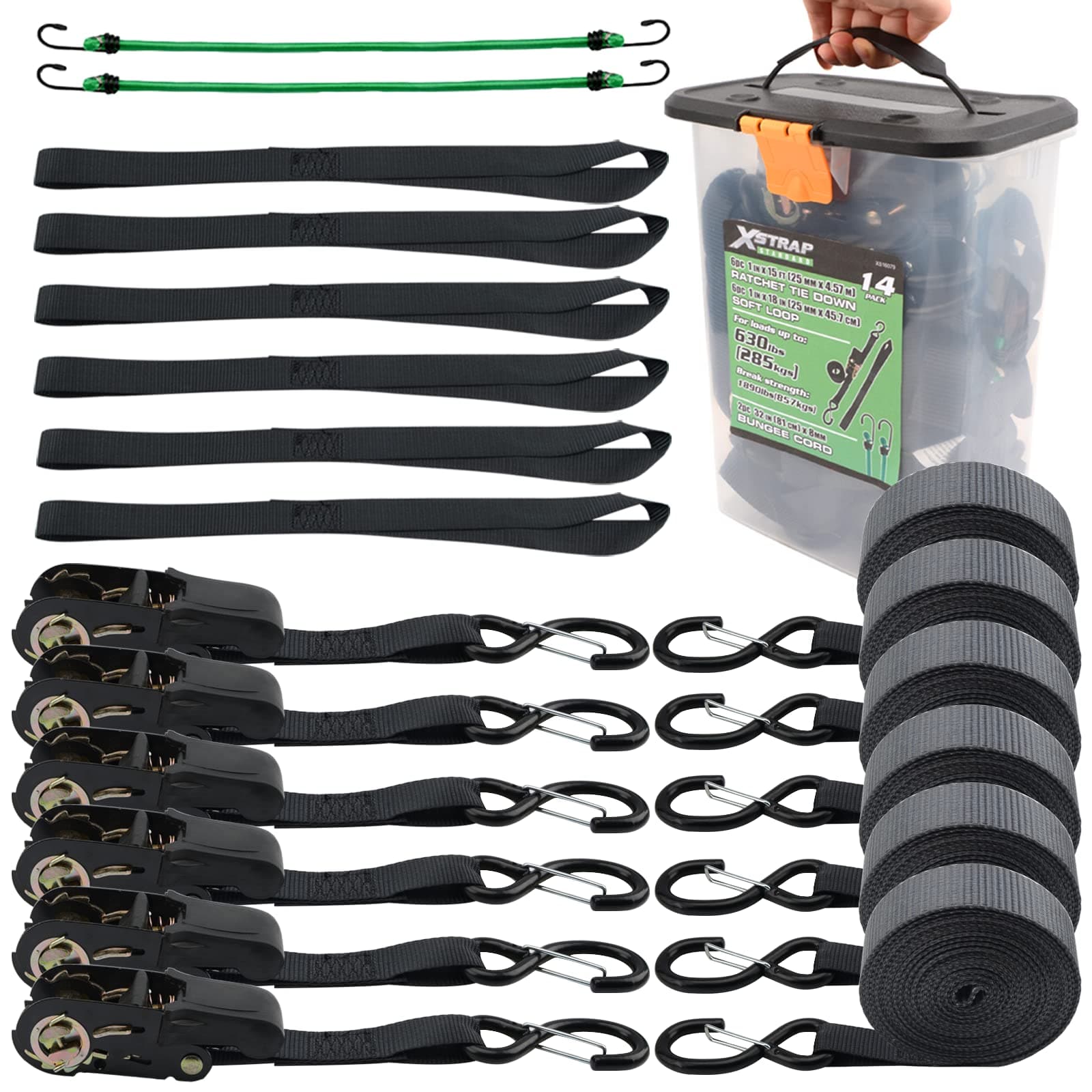 XSTRAP STANDARD Ratchet Tie Down Straps - 6 Pack 1" x 15' - 1890 lbs Breaking Strength, Safety Lock S Hooks, with 6 Soft Loops, 2 Bungee Cords, Logistic Cargo Straps for Moving Appliances, Motorcycle