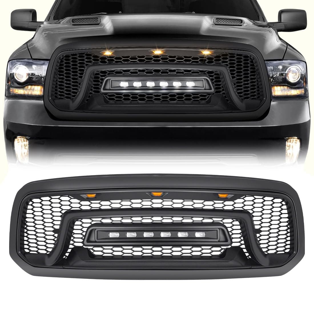 Front Grille Compatible with 2013-2018 Dodge Ram 1500, 2019-2023 Ram 1500 Classic, Matte Black Bumper Grill w/Off-Road Lights