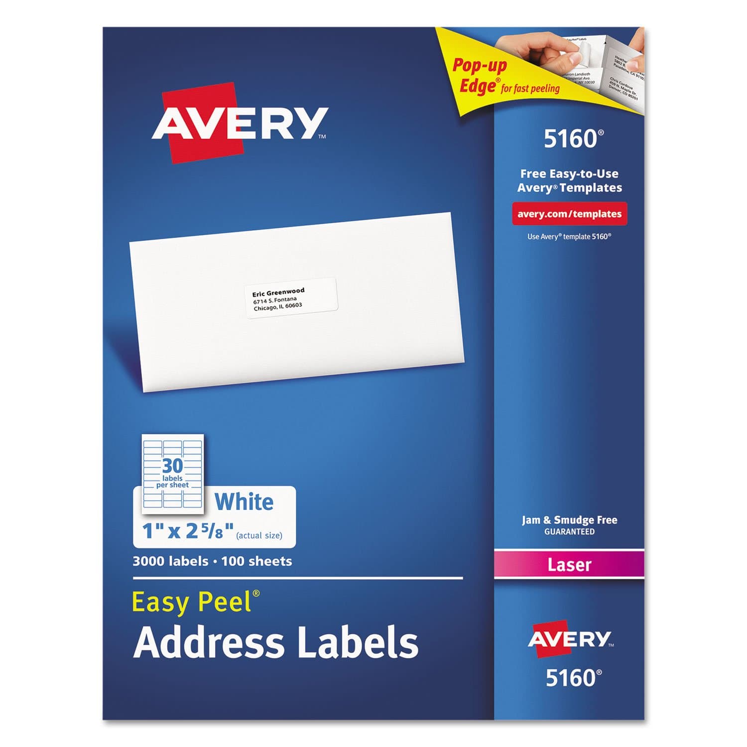 Easy Peel White Mailing Labels for Laser Printers, 1 x 2.62 Inch, Box of 3000 Labels (5160), 2-Pack