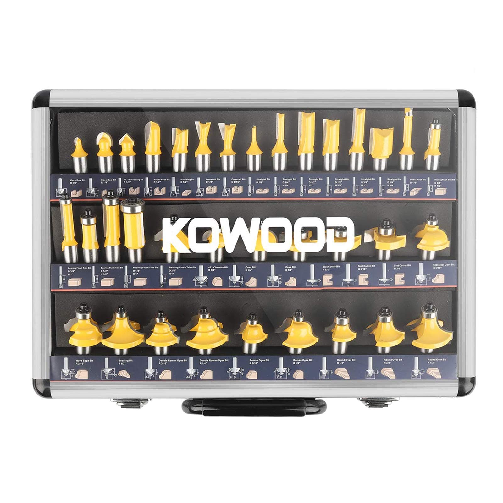 KOWOOD Router Bits Sets 35B Pieces, Tungsten Carbide Router Bits 1/2 Inch Shank with Aluminum Storage Case, T Shape Wood Milling Cutter for Woodworking