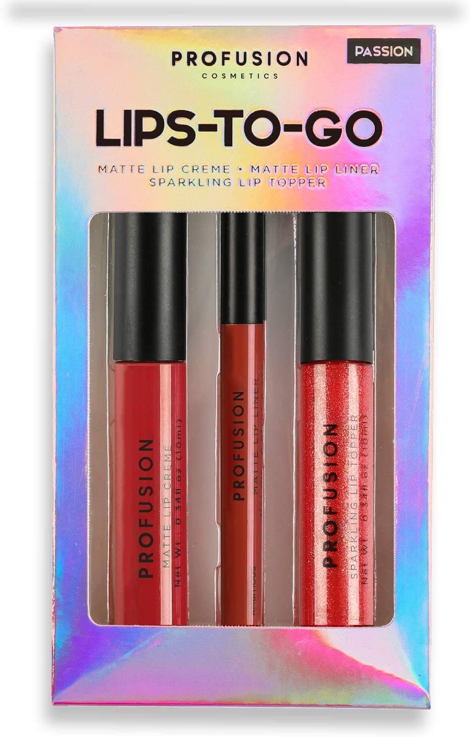 Profusion Cosmetics - High-Performance 3-pc lip set. Matte Lip Liner, Matte Lip Creme+Sparkling Lip Topper