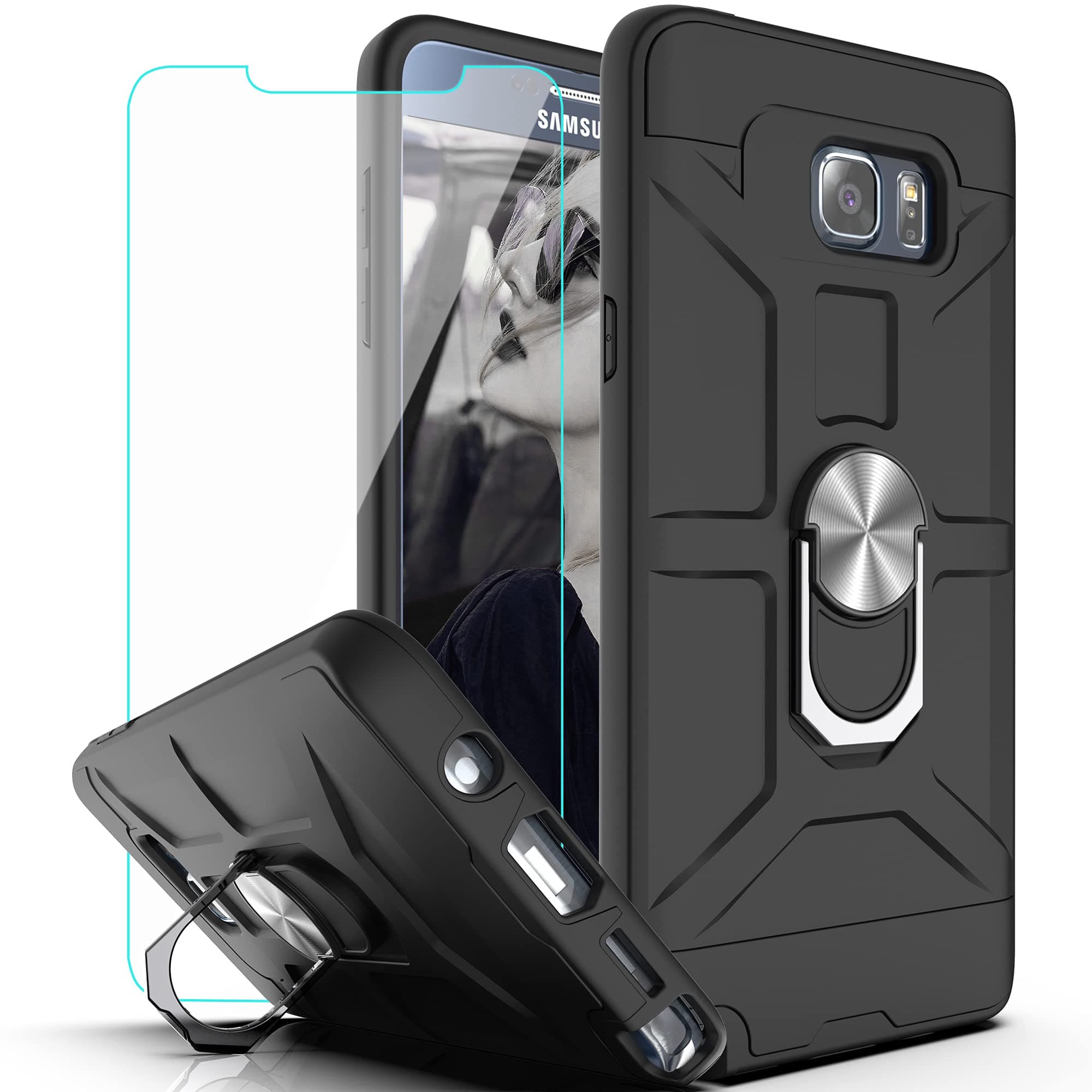 Note 5 Case Galaxy Note 5 Case with HD Screen Protector YmhxcY 360 Degree Rotating Ring Kickstand Holder Dual Layers of Shockproof Phone Case for Galaxy Note 5-ZS Black