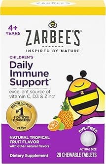 Zarbee's Kids Immune Support, Vitamin C, D & Zinc Daily Immunity Vitamins for Children 4+ Years, Natural Tropical Fruit Flavor, 28 Chewable Tablets