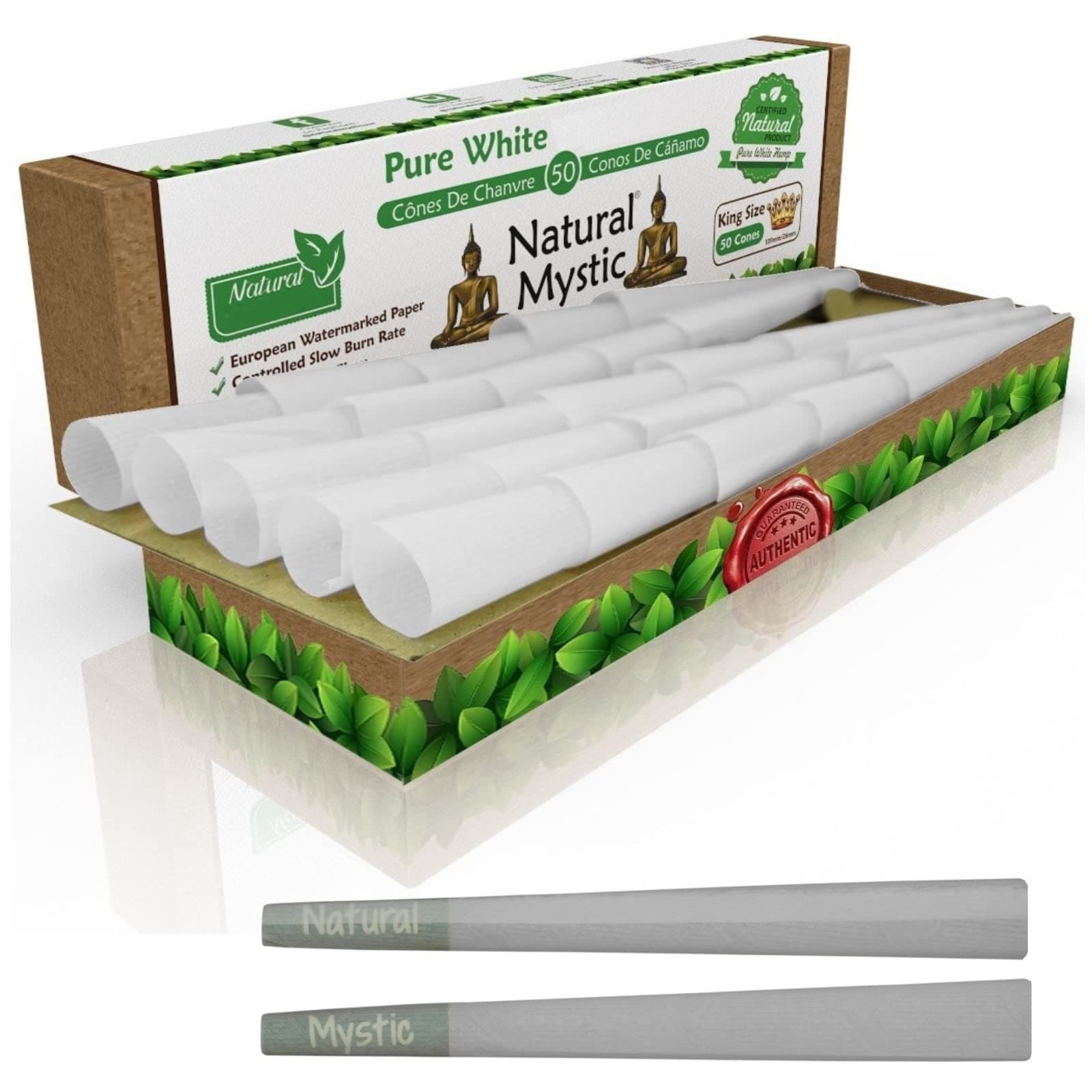 Pre Rolled Cones King Size – White Rolling Paper With Organic Fibers Preroll 50 Pack Natural Mystic Pre Roll Papers With Filter Tips Use Cone Loader Filling Machine Packing Sticks