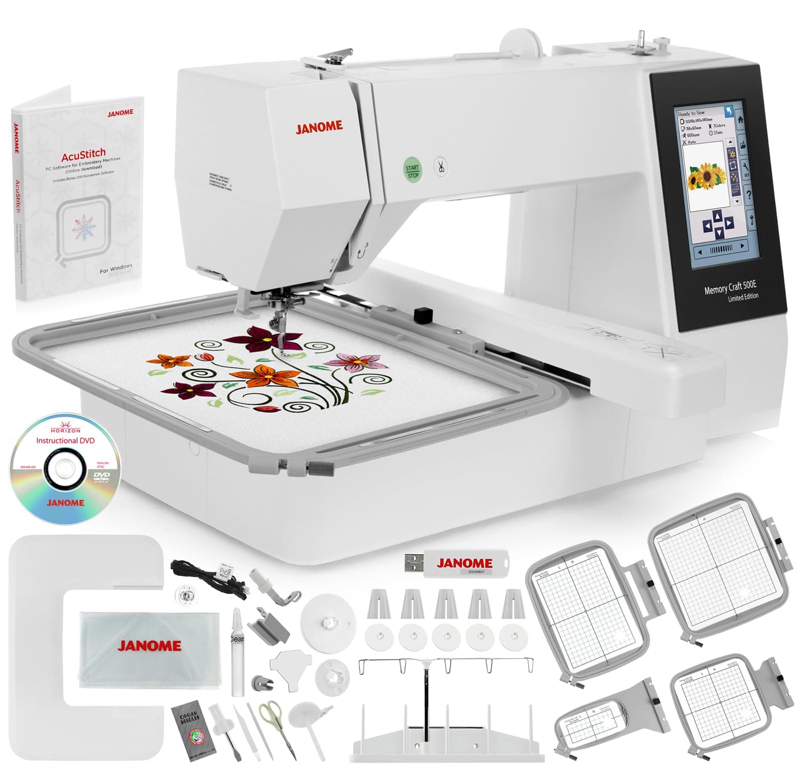 Memory Craft 500e LE Embroidery Machine Bundle - Includes 5-Spool Thread Stand, 3.9" x 1.6" Hoop, Acustitch Software + USB Flash Drive w/ 30 Designs