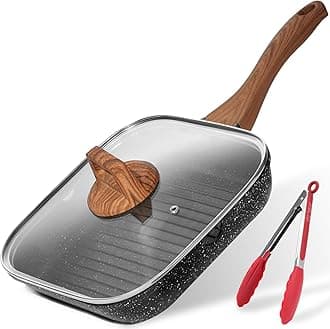 ESLITE Life Nonstick Grill Pan with Lid & Tongs for Stove Tops, Versatile Square Big Grill Skillet Steak Pan for Indoor Cooking & Outdoor Grilling, PFOA Free, Black-9.5 Inch