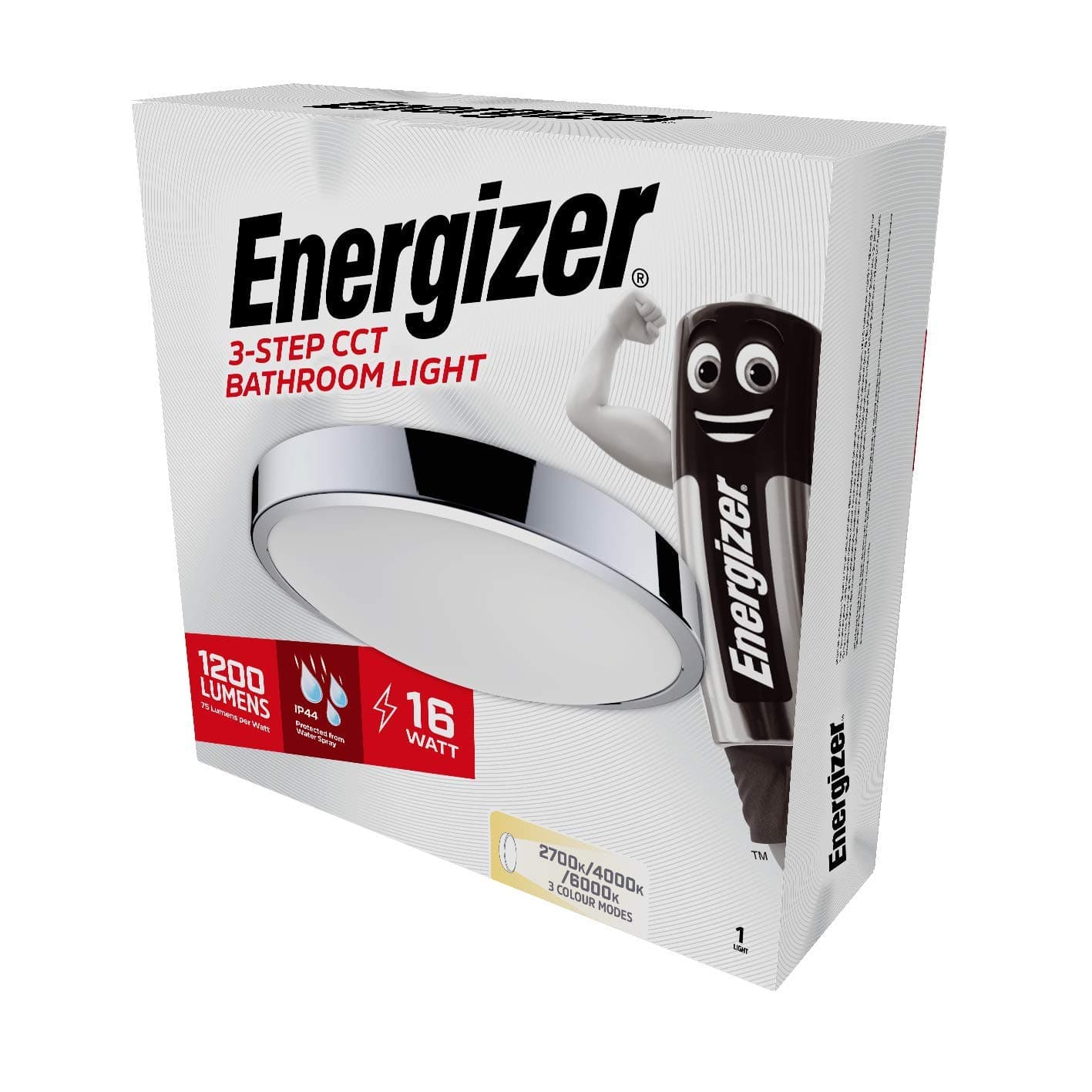 EnergizerLED bathroom ceiling light CCT - Waterproof IP44 Colour temperature changing light fitting - Switch from 2700K Warm white to 4000K Cool white to 6000K Daylight