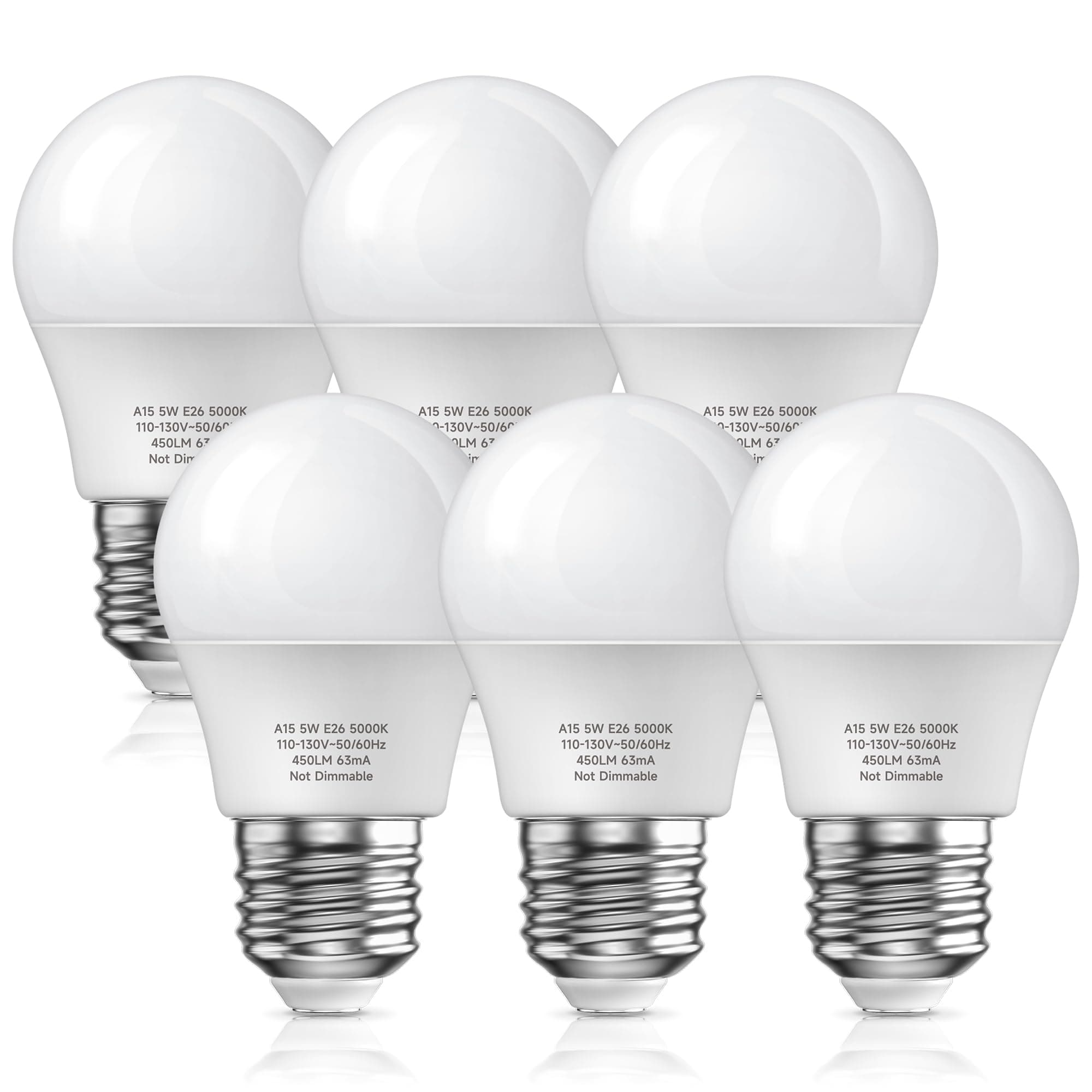 UNILAMP Refrigerator Light Bulb E26 120V, A15 LED Fridge Light Bulb, 5W Equivalent 40W Light Bulb, Daylight 5000K Waterproof, E26 LED Bulbs for Freezer Home Kitchen Lighting, Non-Dimmable, Pack of 6