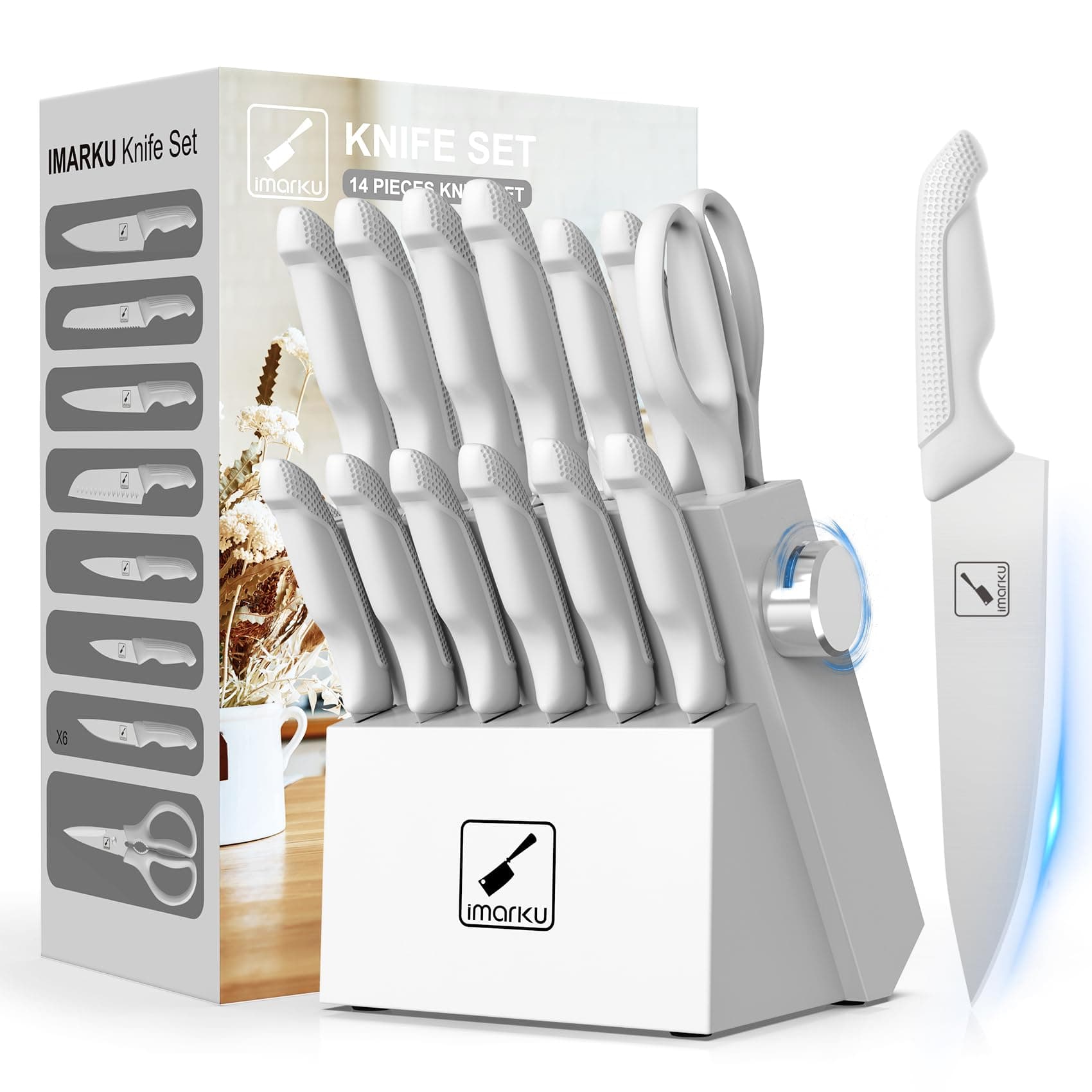 imarku Knives Set for Kitchen, Kitchen Knife Set with Block, Knife Block Set White, Home Essentials, Kitchen Essentials for First Apartment, Anti-slip handle, Dishwasher Safe