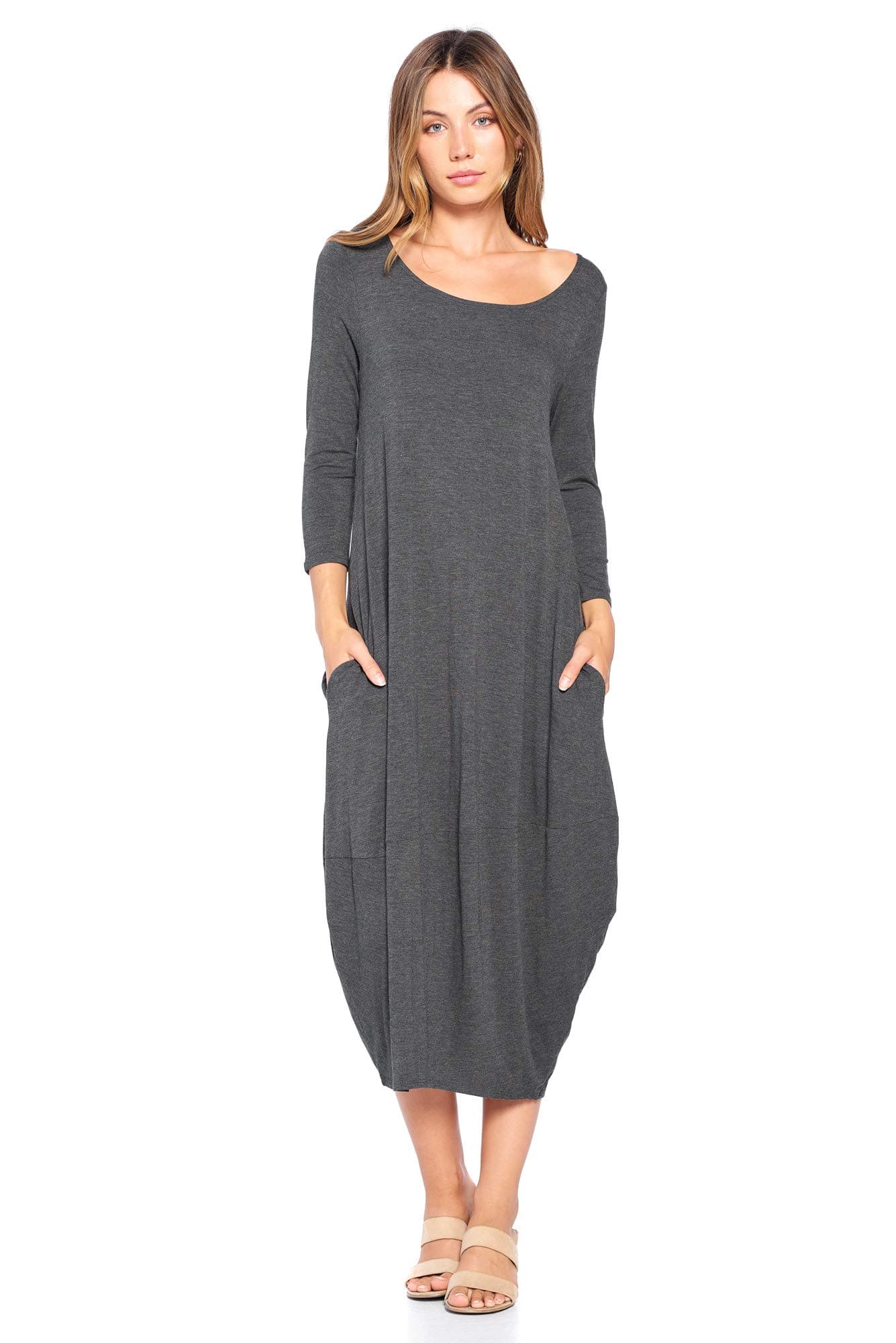 Solid 3/4 Sleeve Bubble Hem Pocket Midi Dress (S-3X) - Made in USA