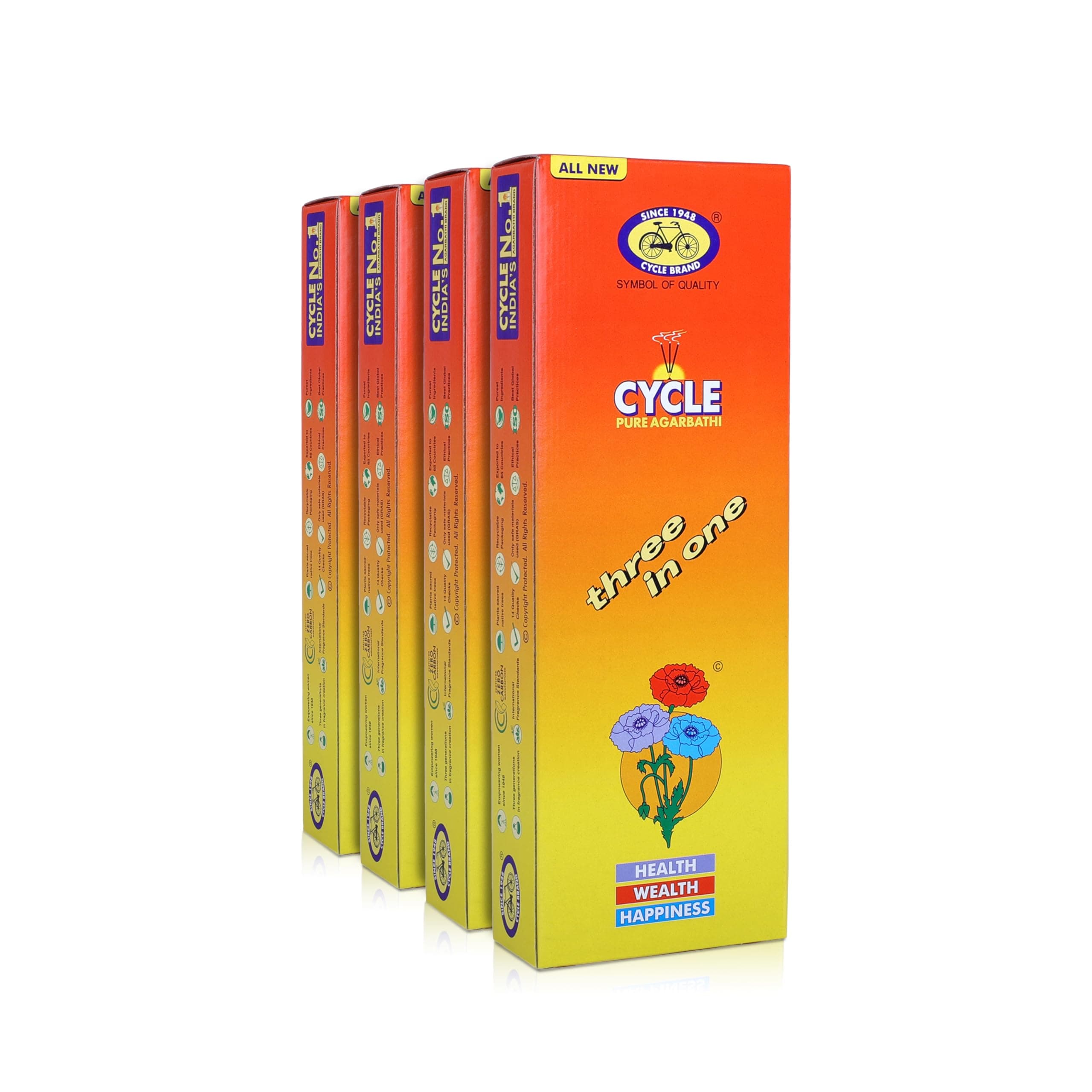 Cycle Pure Agarbatti Three in One Incense Sticks || Pack of 4 (250gm per Pack) || 3 Signature Fragrances Floral, Woody, Lily I Natural Fragrance for Puja, Meditation, Refreshing Ambience