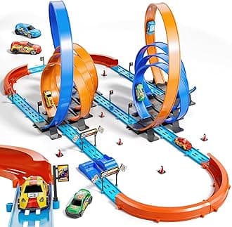 Car Race Track Set for Kids 3 4 5 6 7 8 9 Years Old，Racing Game car Toys，Boys Toy Girls 6-12，72PC DIY 34 ft Track with 4 Small Cars, Gifts for Kids 3-5