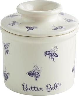 Butter Bell - The Original Butter Bell crock by L Tremain, a Countertop French Ceramic Butter Dish Keeper with Lid for Spreadable Butter, Farmhouse Collection, Honey Bees, Blue & White