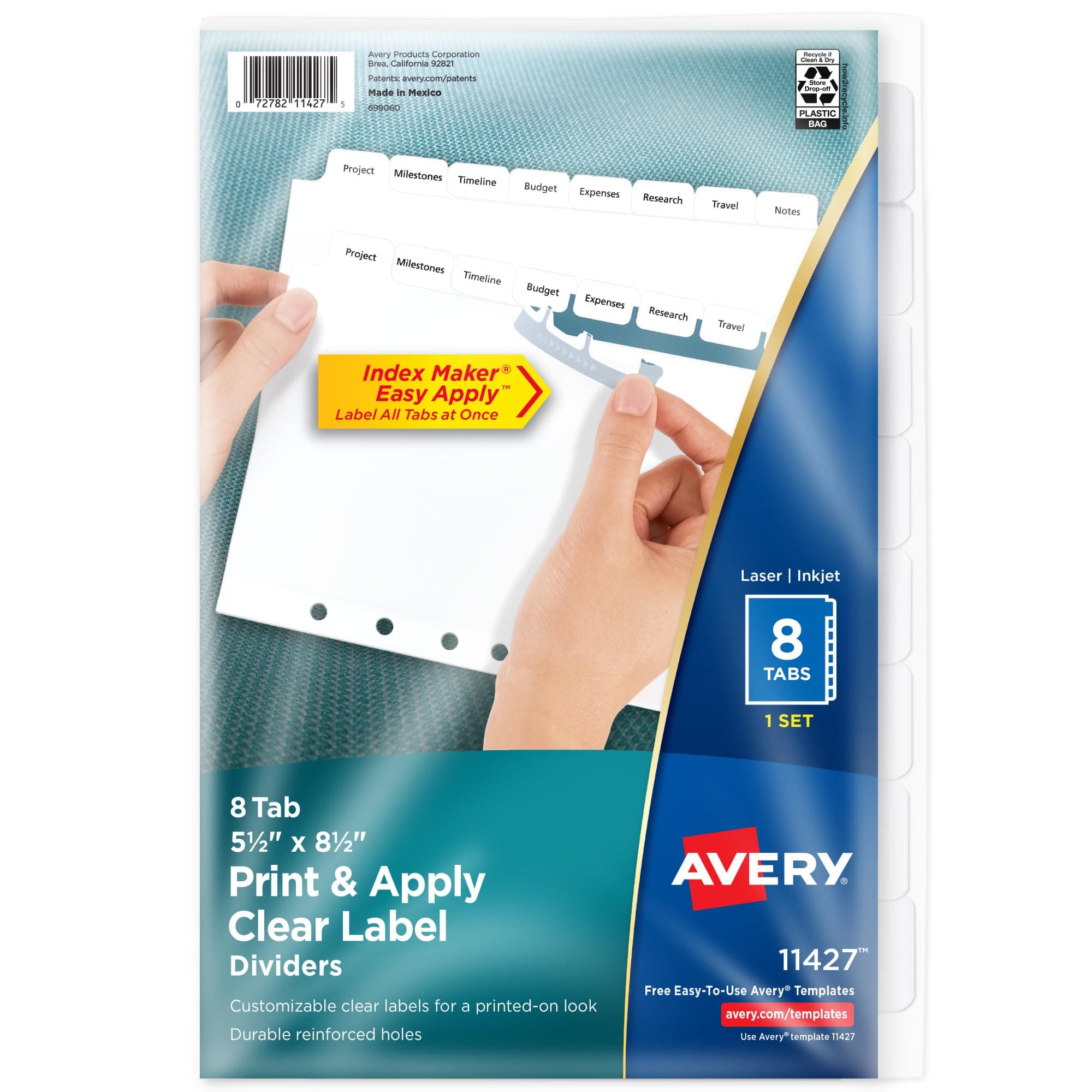 Avery 8-Tab Mini Binder Dividers, 5.5" x 8.5", Easy Print & Apply Clear Label Strip, White Tabs, 1 Set (11427)