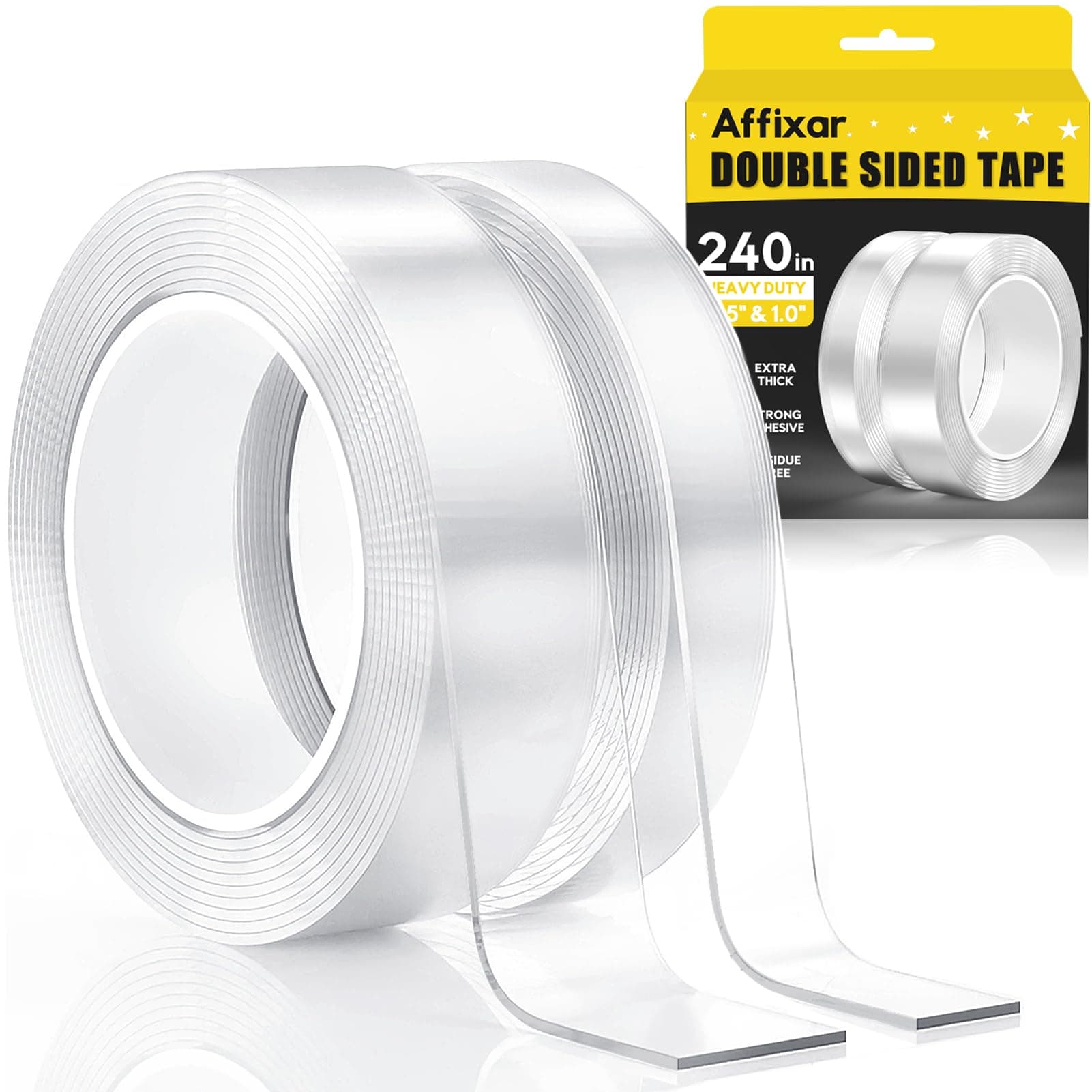Extra Strong Double Sided Tape Heavy Duty (2 Rolls, Total 20 FT), Clear Removable Two Sided Nano Tape Adhesive, Double Stick Mounting Tape for Poster, Rug, Picture Hanging Strips, Office & Outdoor