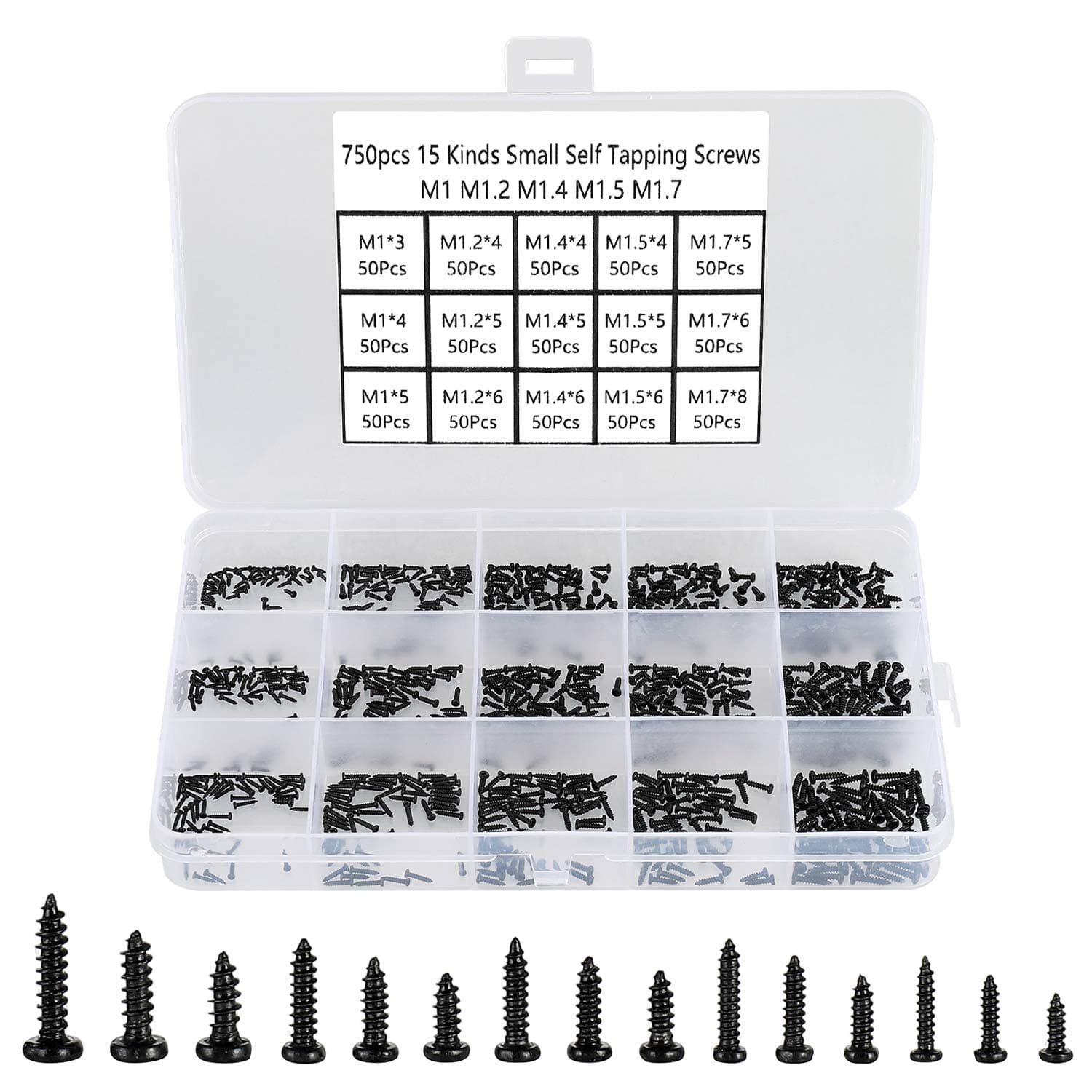 750pcs Black Tiny Screws for Electronics, M1, M1.2, M1.4, M1.5, M1.7 Very Small Phillips Pan Head Self Tapping Screws, Micro Wood Screws, Mini Electronic Screws Assortment Kit-Carbon Steel