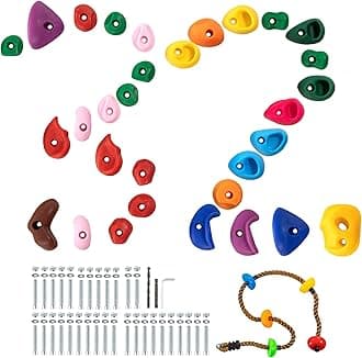 VEVOR 32 Rock Climbing Holds, Multi-Size and Colored Climbing Rocks for Kids and Adults, Rock Wall Holds with Colored Climbing Rope and Mounting Hardware, Climbing Wall Grips for Indoor and Outdoor