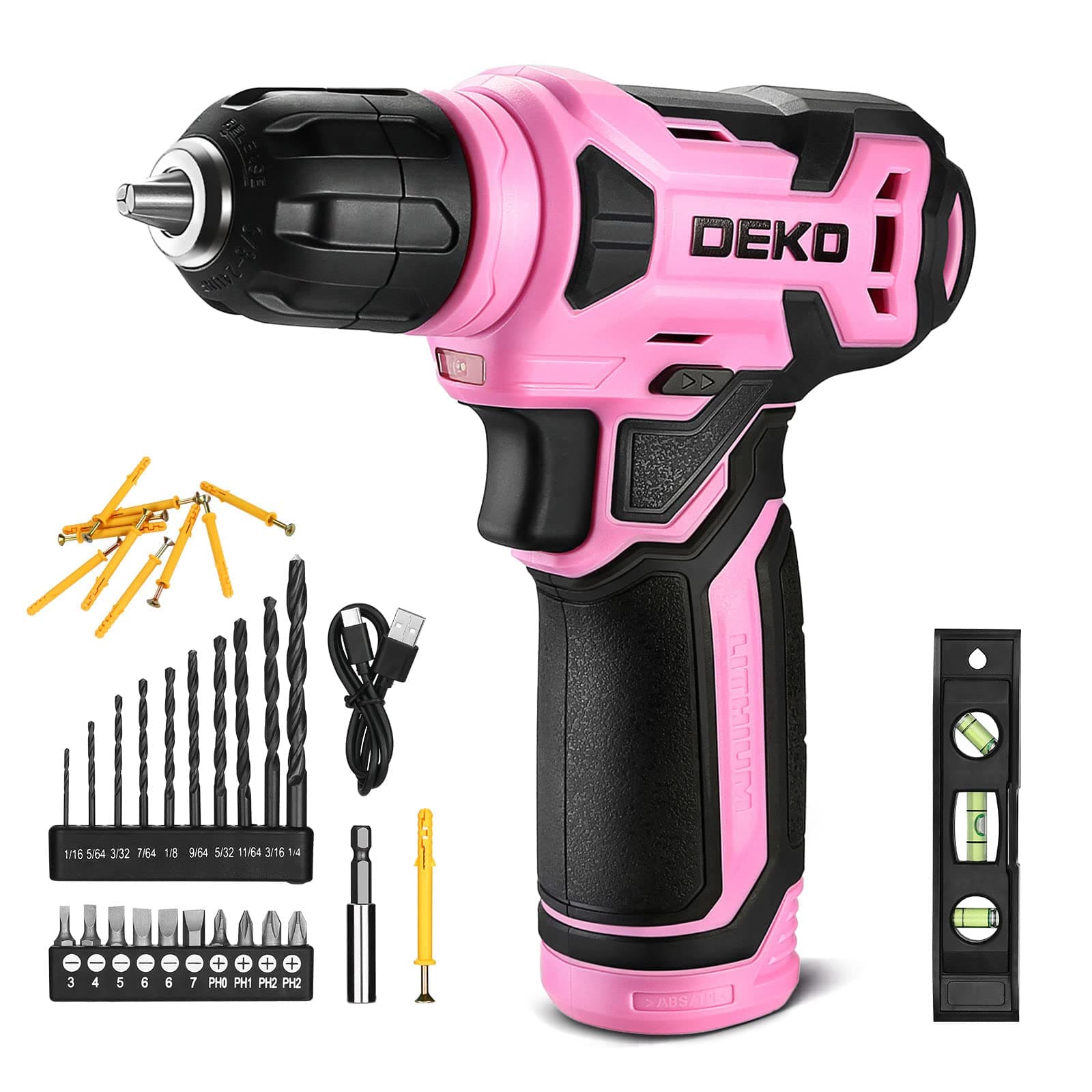 8V Cordless Drill, Drill Set with 3/8"Keyless Chuck, 42pcs Acessories, Built-in LED, Type-C Charge Cable, Pink Power Drill for Drilling and Tightening/Loosening Screws