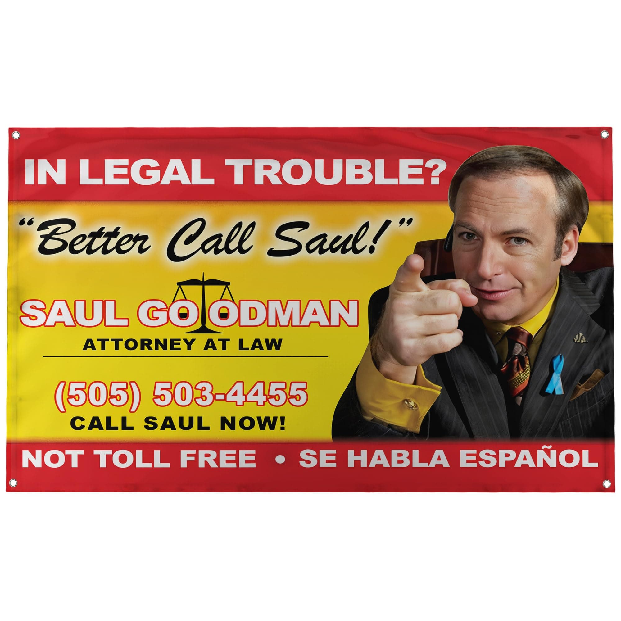 Banger Flags - Better Call Saul! Billboard Image Breaking Bad Saul Goodman Motivational Inspirational Office Gym Dorm Wall Decor Design on a 3X5 Feet with 4 Grommets for Easy Hanging. Authentic