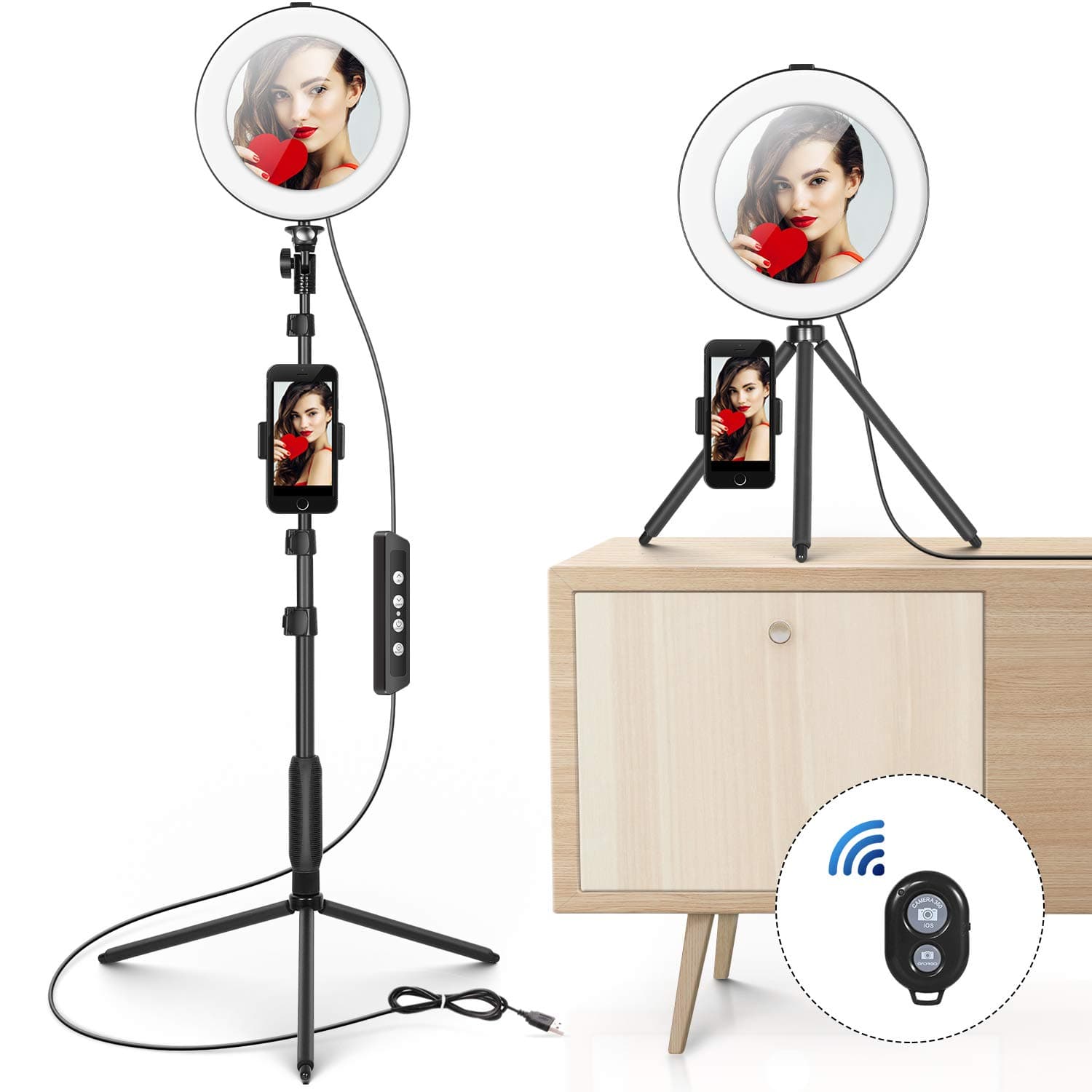 8" Ring Light with Mirror Tripod Stand & Cell Phone Holder for Live Stream/Makeup, Mini Led Camera Ringlight for YouTube Video/Photography Compatible with iPhone Xs Max XR Android