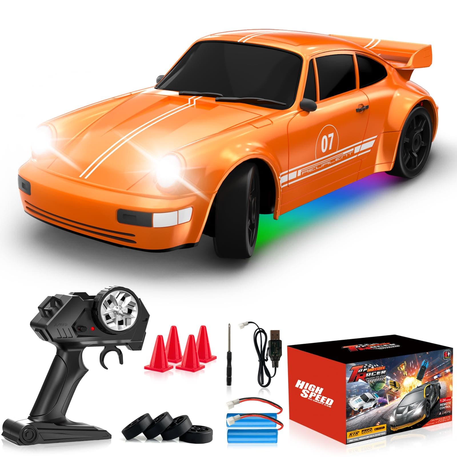 RC Drift Car Remote Control Car 2.4GHz 1/24 4WD 15KM/H High Speed Racing Sport with LED Lights Drifting Tire Racing Sport Toy for Adults Boys Girls Kids Gift 2Pcs Rechargeable Batteries