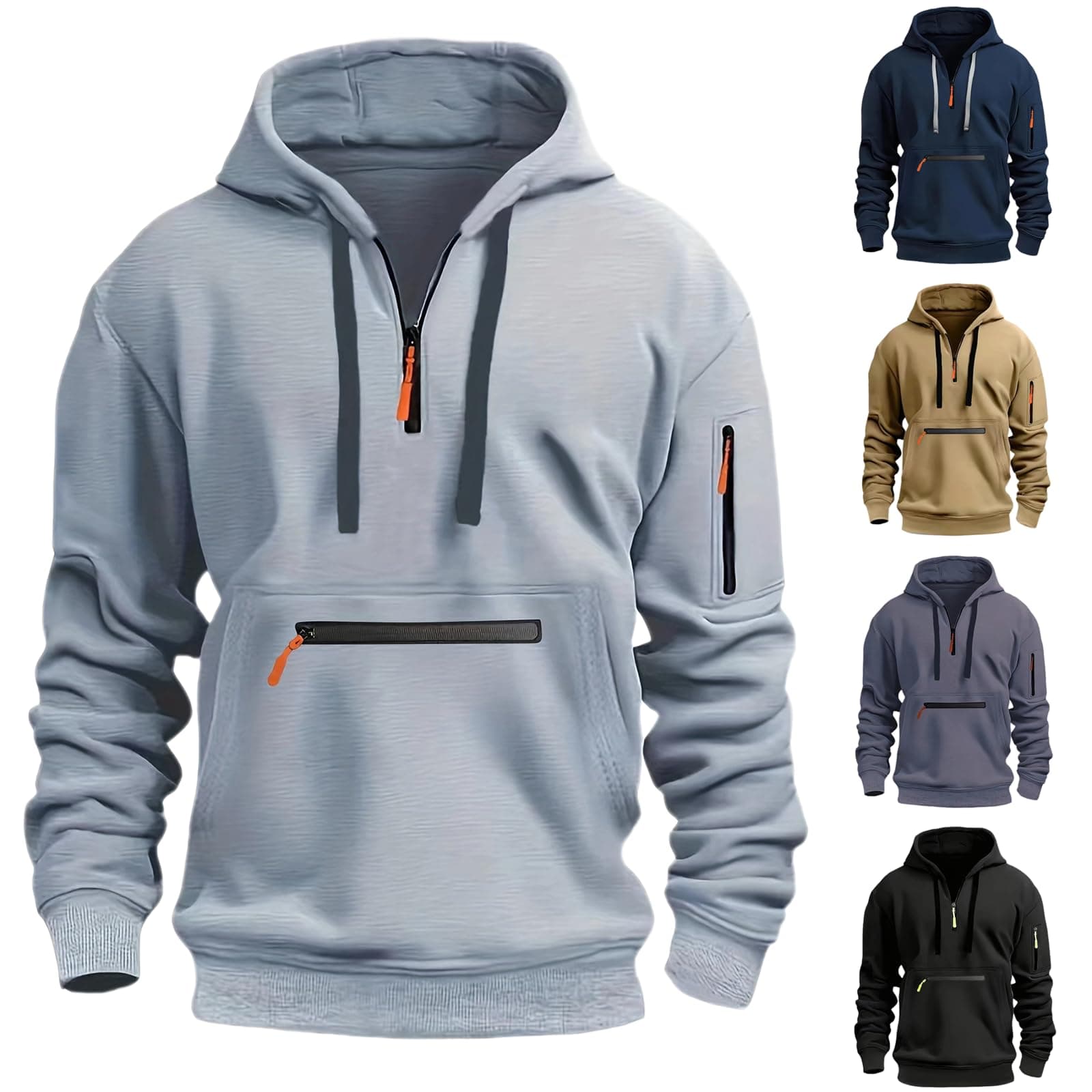 Mens 1/4 Zip Pullover Hoodie Zip Up Pocket Drawstring Tracksuit Tops Cuff Overhead Hooded Slim Fit Casual Gym Skiing Sports Warm Hoody Sweatshirts