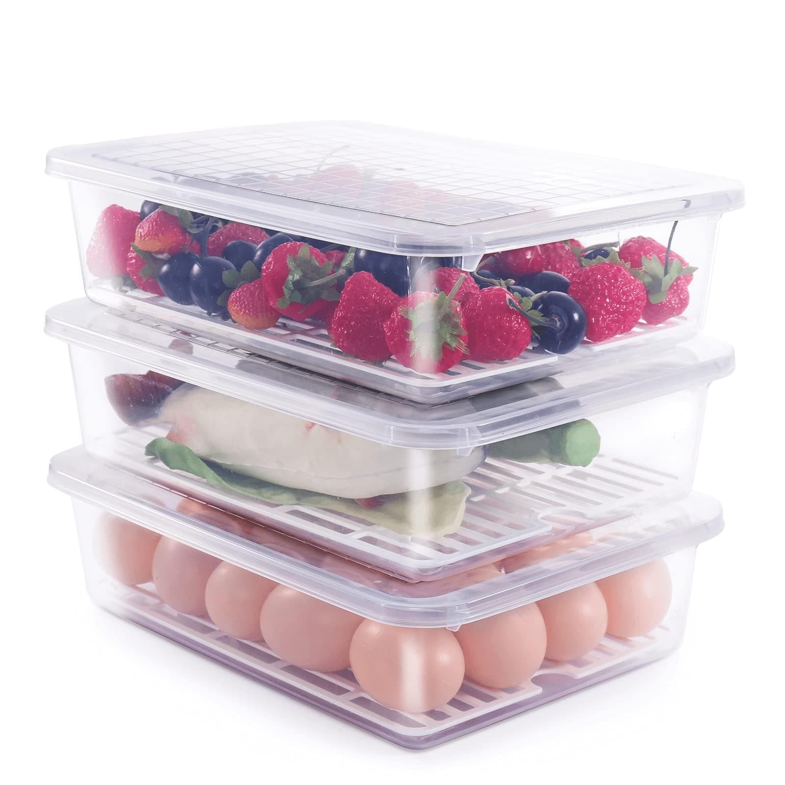 Food Storage Container, (3-Pack) Plastic Food Containers with Removable Drain Plate and Lid, Stackable Portable Freezer Storage Containers - Tray to Keep Fruits, Vegetables, Meat and More