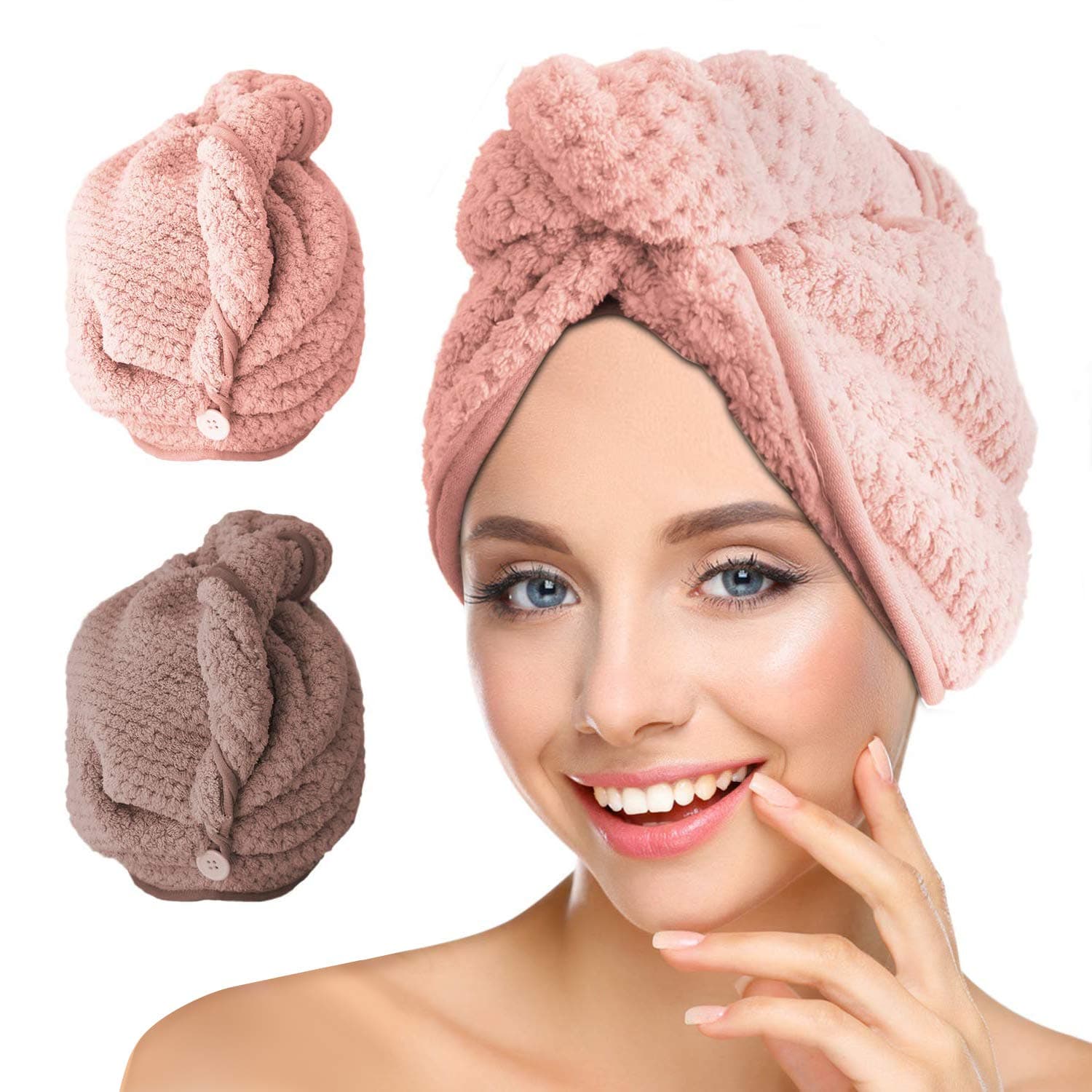 Invool 2 Pack Microfiber Hair Drying Towels,Head Wrap Towel, Super Absorbent Hair Towel Turban with Button Design to Dry Hair Quickly,Pink & Coffee