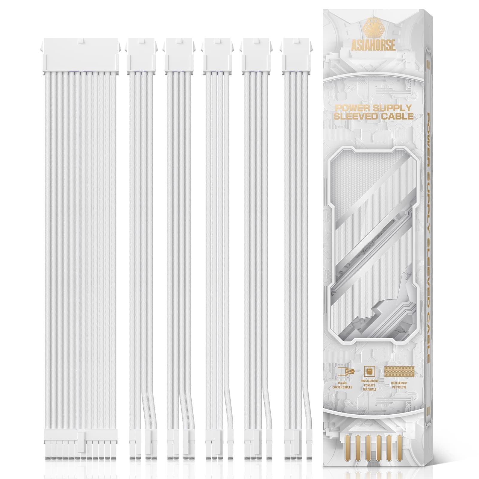 Power Supply Sleeved Cable, 16 AWG PSU Extension Cable Kit of White Connector, 1x24Pin/2x4+4 EPS/3x6+2 PCI-E, 30cm Length with Combs-White