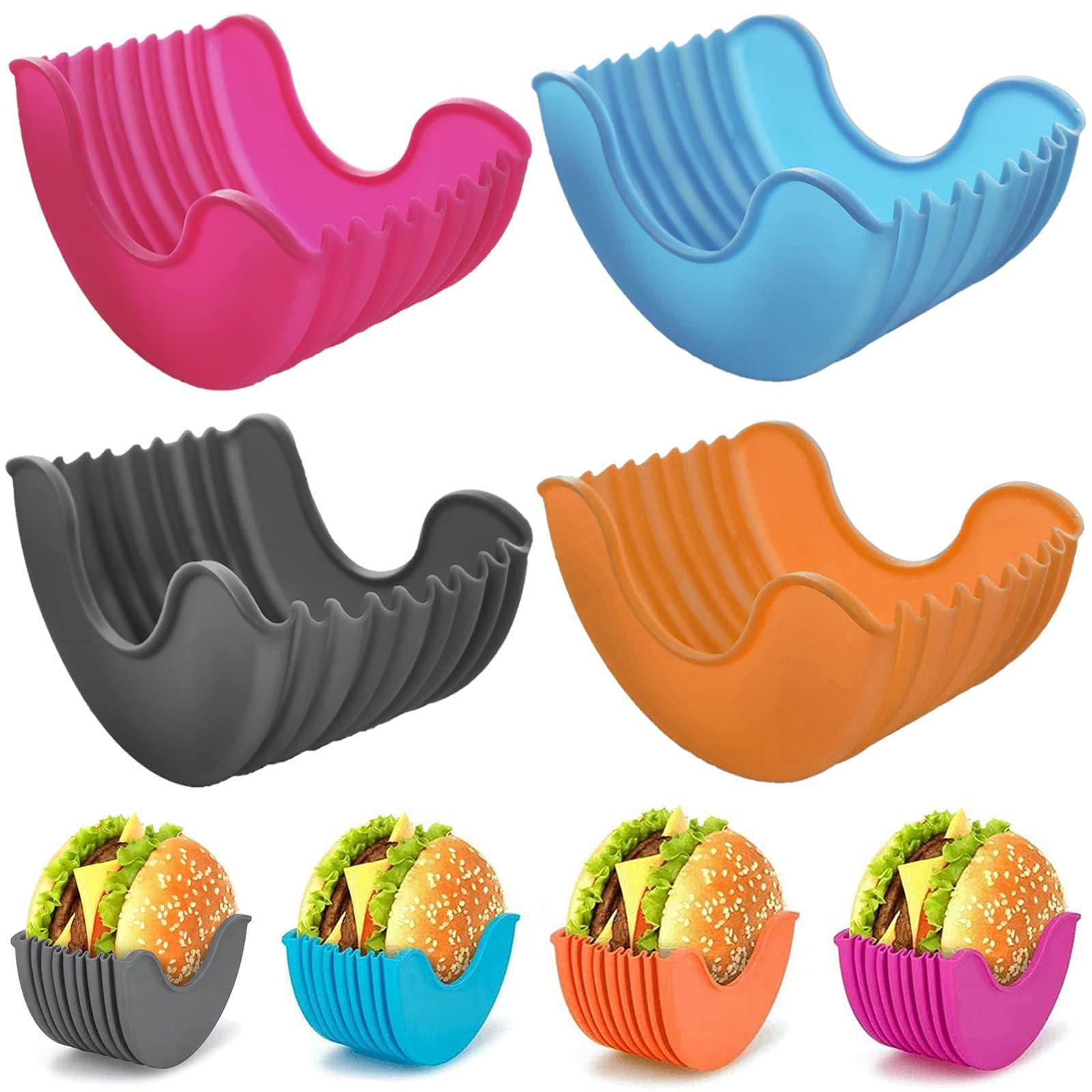 TERRIFIRetractable Burger Fixed Box, Reusable Hamburger Bowl, Hamburger Buns Fixed Box, Hamburger Clip Silicone Rack Holder Burger Box for Burger Lovers Adults and Children, 4 Color