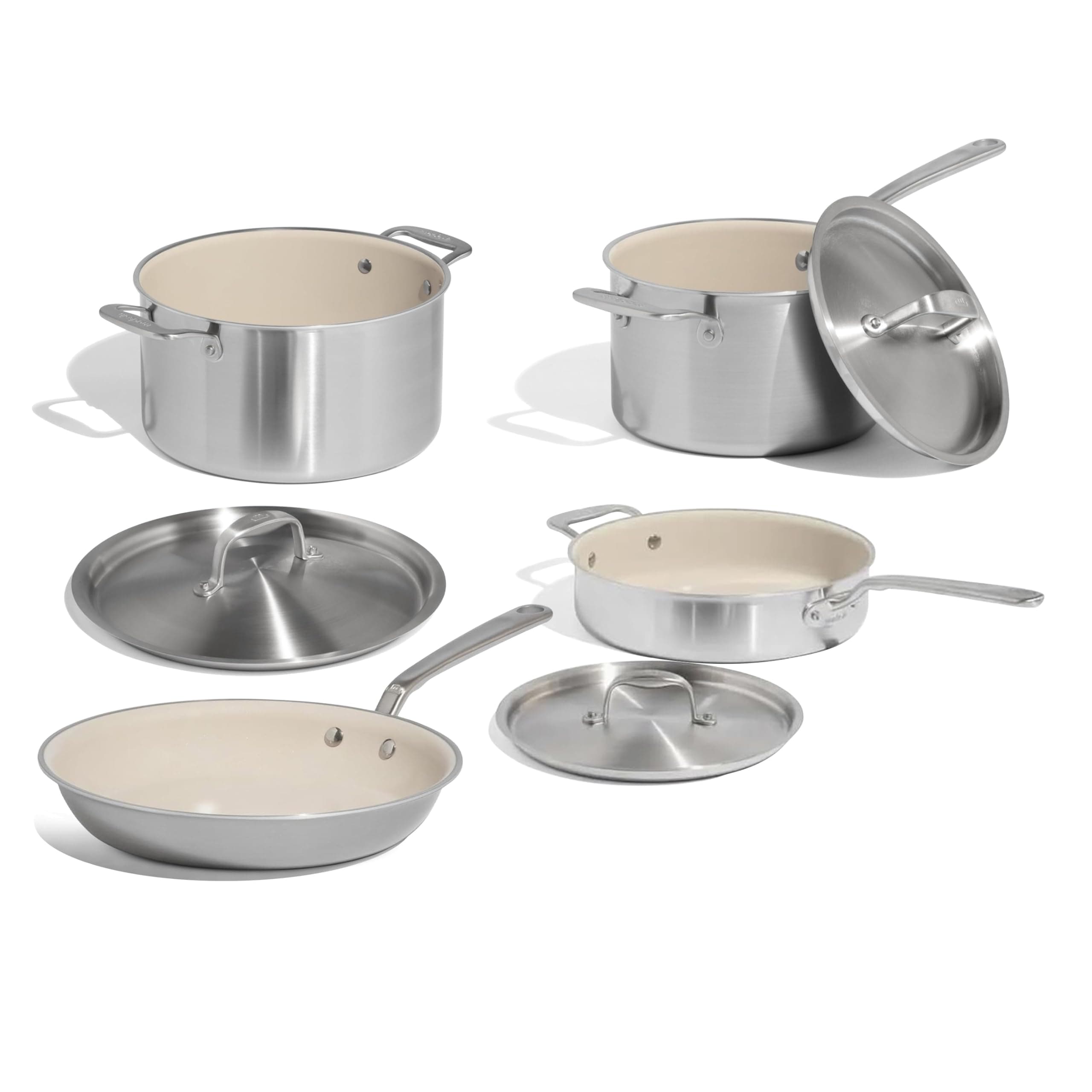 Cookware - 7 Piece Nonstick Ceramic Pot And Pan Set 5 Ply Stainless Clad Includes Stock Pot, Saute Pan, Saucepan, Frying Professional Crafted Italy