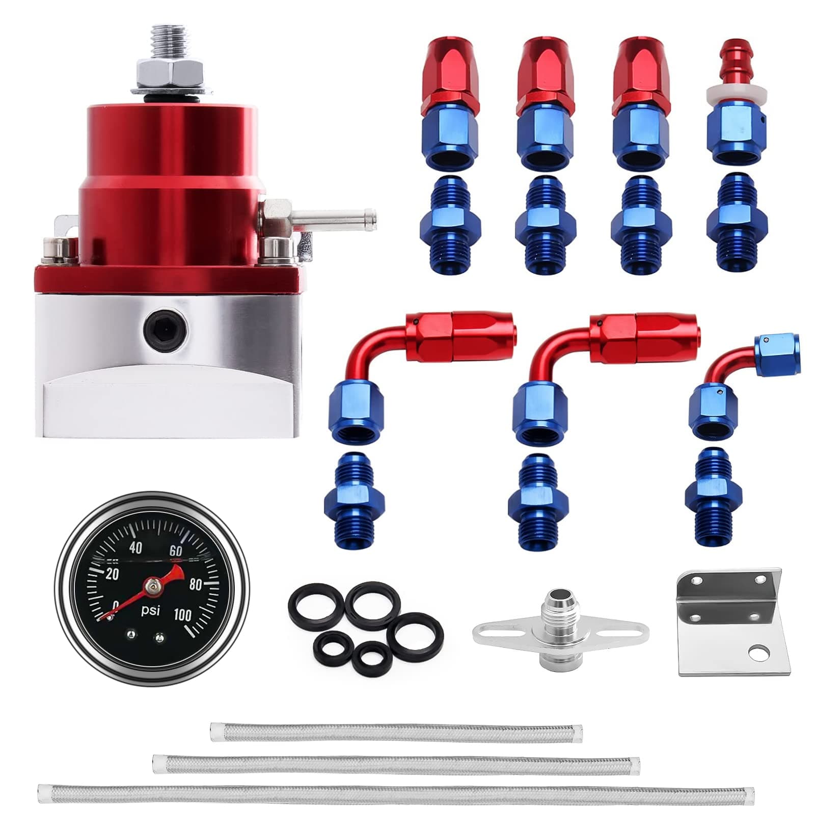 EFI Fuel Pressure Regulator Kit with Bypass Return 0-100psi Pressure Gauge AN6-6AN Fuel Line Hose Fitting Connectors Kit Adjustable Universal Aluminum (Blue)