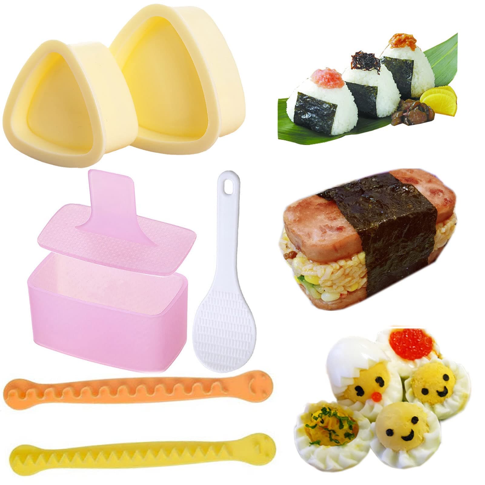 Onigiri Mold, 3 Kits Bento Tools, Triangle Rice Ball Mold(S + L), Musubi Mold, Musubi Maker Press Kit, Boiled Egg Engraving Tool, Boilded Egg Carving Cutter for Kids Bento Picnic