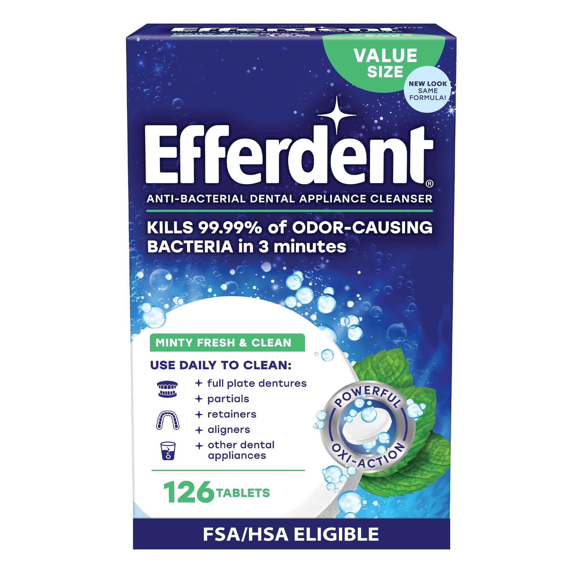 Efferdent Plus Mint Anti-Bacterial Denture Cleanser Tablets, 126 Count