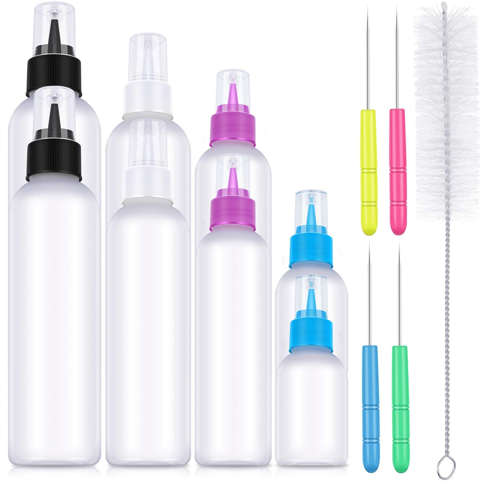 Patelai 12 pcs Cookie Icing Bottles Writer Set Include Cake Decorating Squeeze Bottles and Sugar Stir Needles, 1 Piece Brush for Cleaning Ice Cream Decoration, 4 Sizes