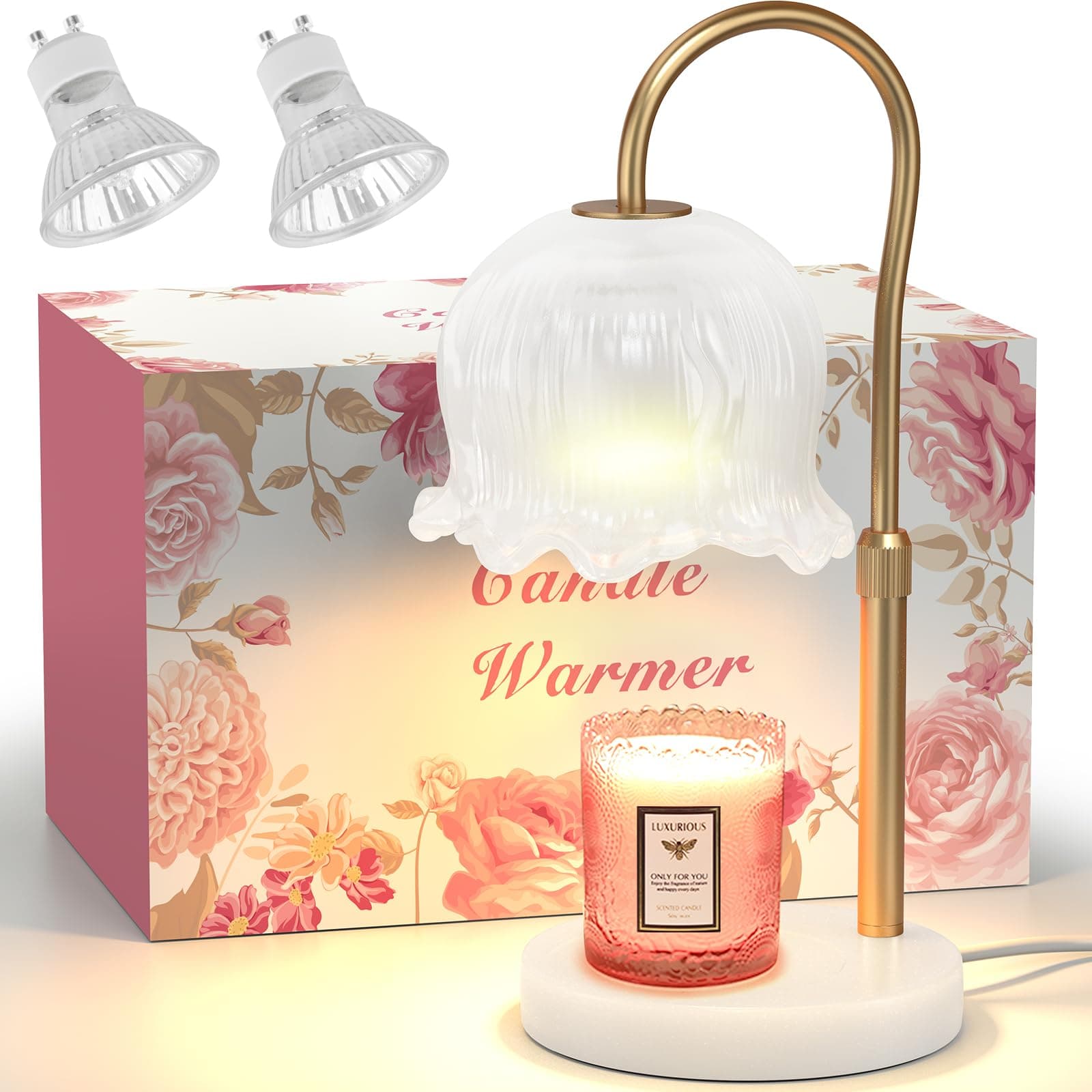 Candle Warmer Lamp with Timer - Modern Flower Shape, Dimmable, Hight-Adjustable Candle Warming Lamp with Premium Marble Base for Jar Candles, Scented Wax, 2 Bulbs Included for Home Decor