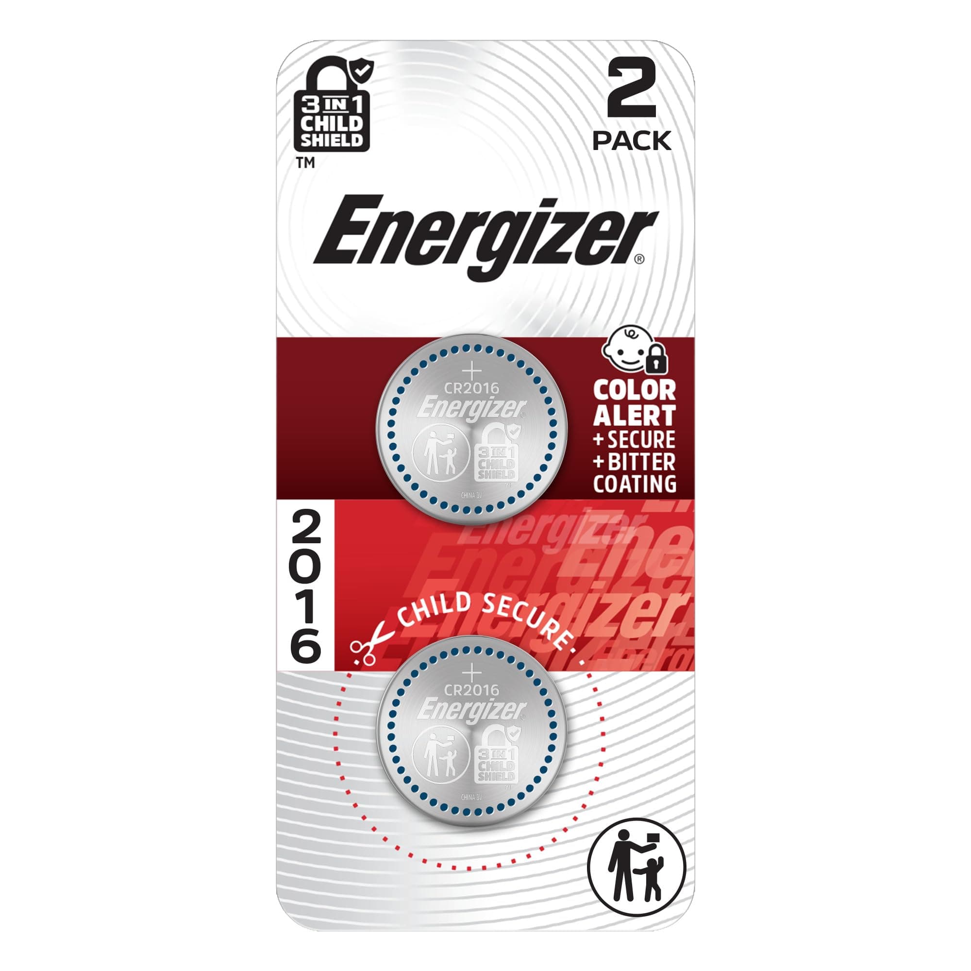 Energizer 2016 Batteries (2 Pack), 3V Lithium Coin Batteries With 3-in-1 Child Shield