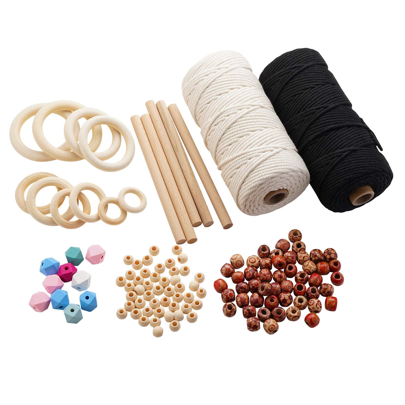 Macrame Kit - 2 Rolls 109 Yards 3mm Macrame Cord, 125 Pcs Macrame Supplies Wooden Sticks Hoops Rings Natural Rope Colored Beads Crafts DIY Hangers Macrame Kits for Adults Beginners