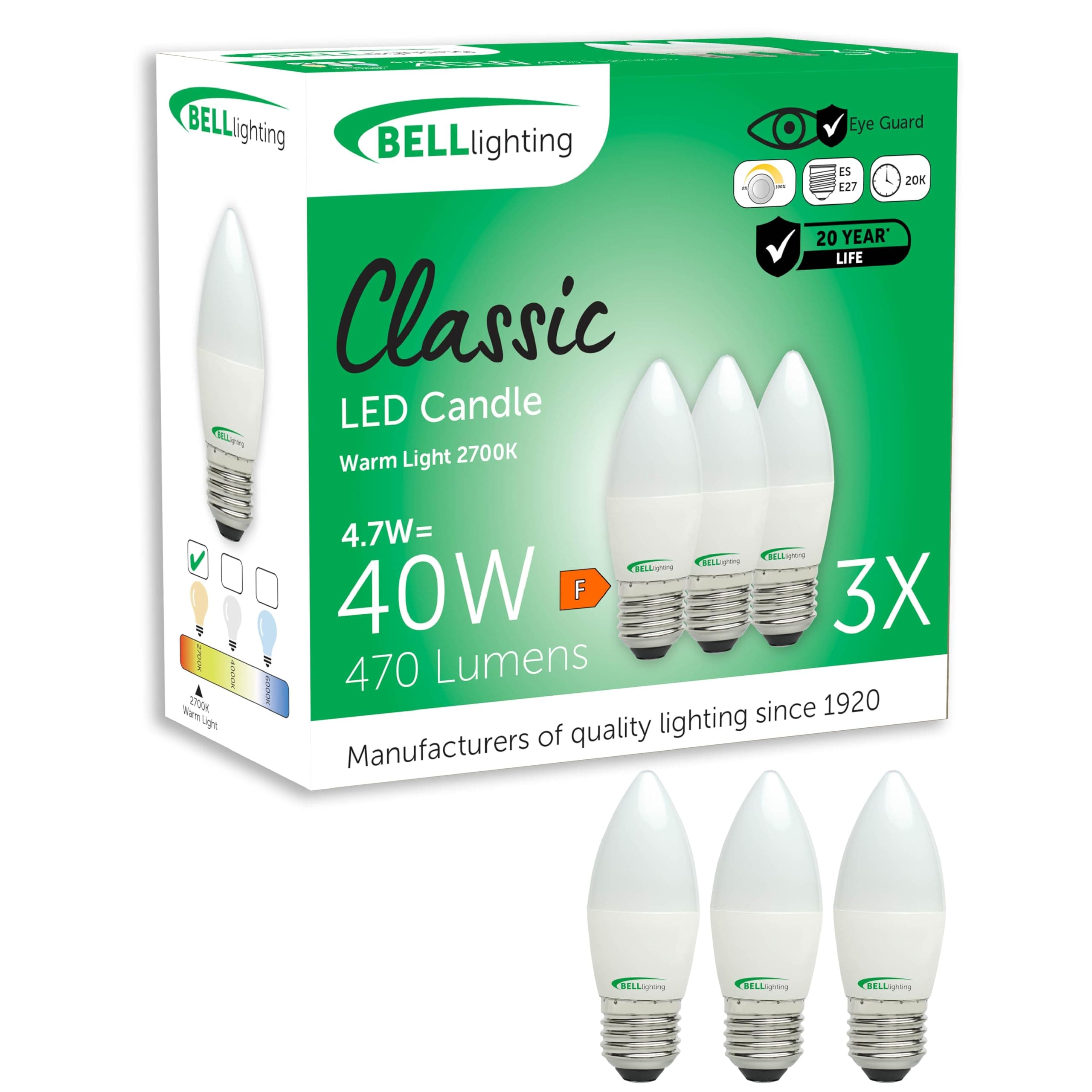 Bell Lighting E27 Edison Screw Dimmable Light Bulb LED Candle 3 Pack | Warm White 2700K | 470 Lumen 4.7W | Energy Saving Candle LED Light Bulb | 40W Halogen Lamp Equivalent [Energy Class E]