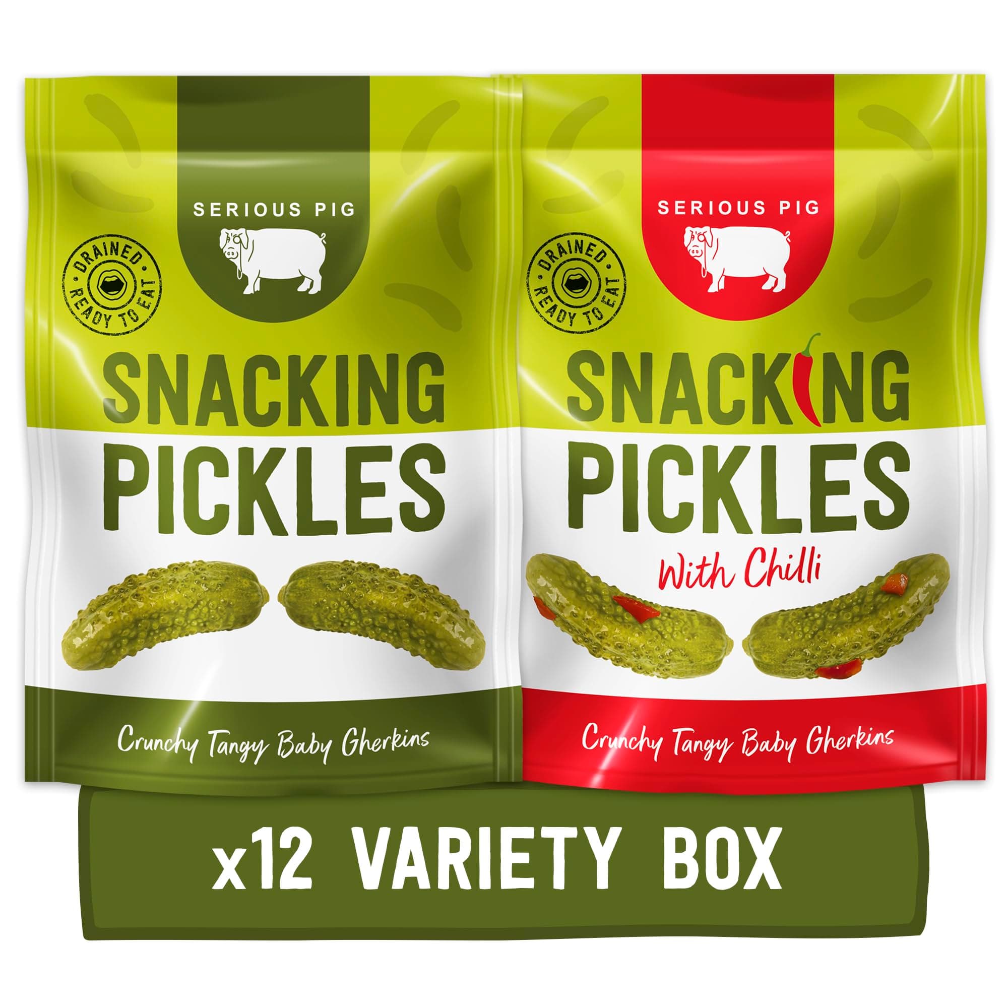Snacking Pickles Selection Box Original and Chilli Flavour Gherkins - Low Calorie Gluten Free Vegan (12 x 40g)