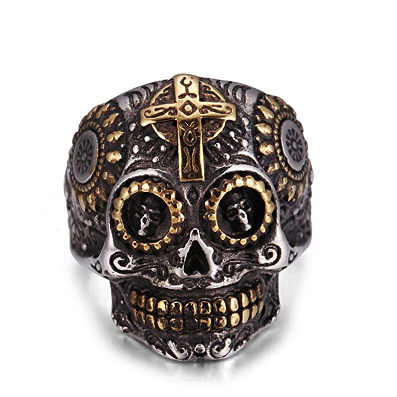 Eamaott Ghost Skull Stainless Steel Cross Ring Men Personalized Vintage Halloween Ring Jewelry Size 7