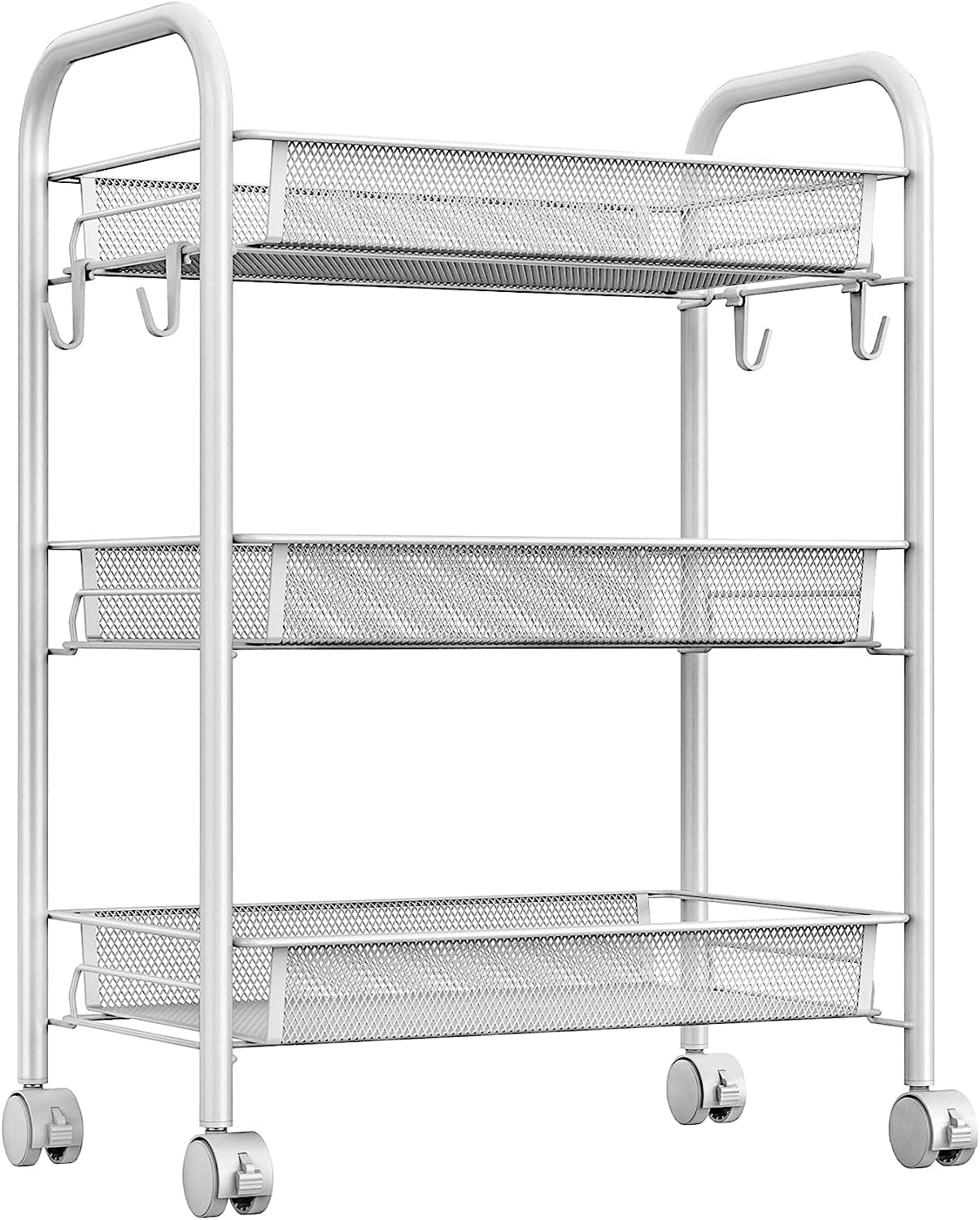 onlyfire3-Tier Rolling Utility Cart with Handle, Multi-Functional Kitchen Storage Trolley Movable Bathroom Organizer on Wheels, White